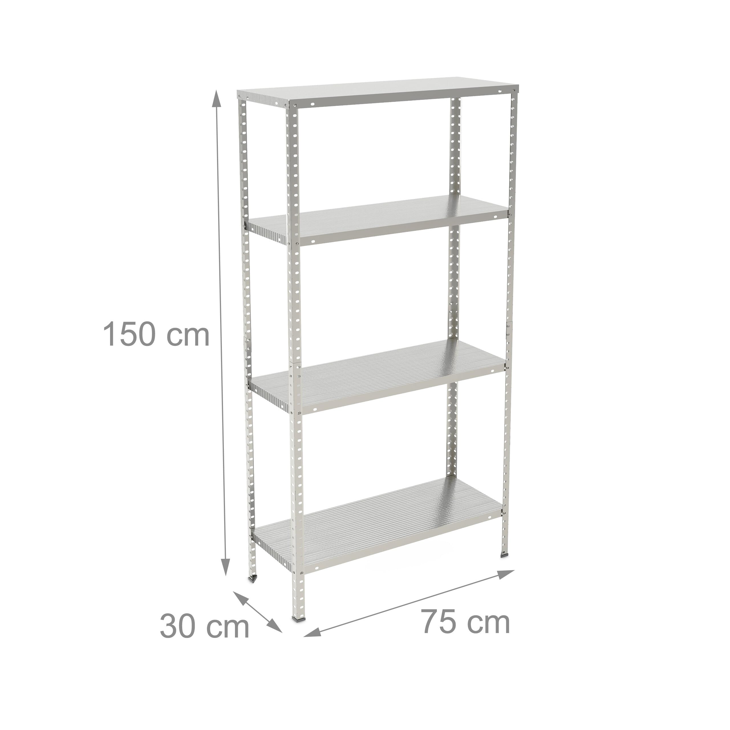 Relaxdays Rangement en métal, 4 Niveaux, Jusqu’à 160 kg, Acier, Stockage pour Le Garage, HxLxP : 150x75x30 cm, argenté