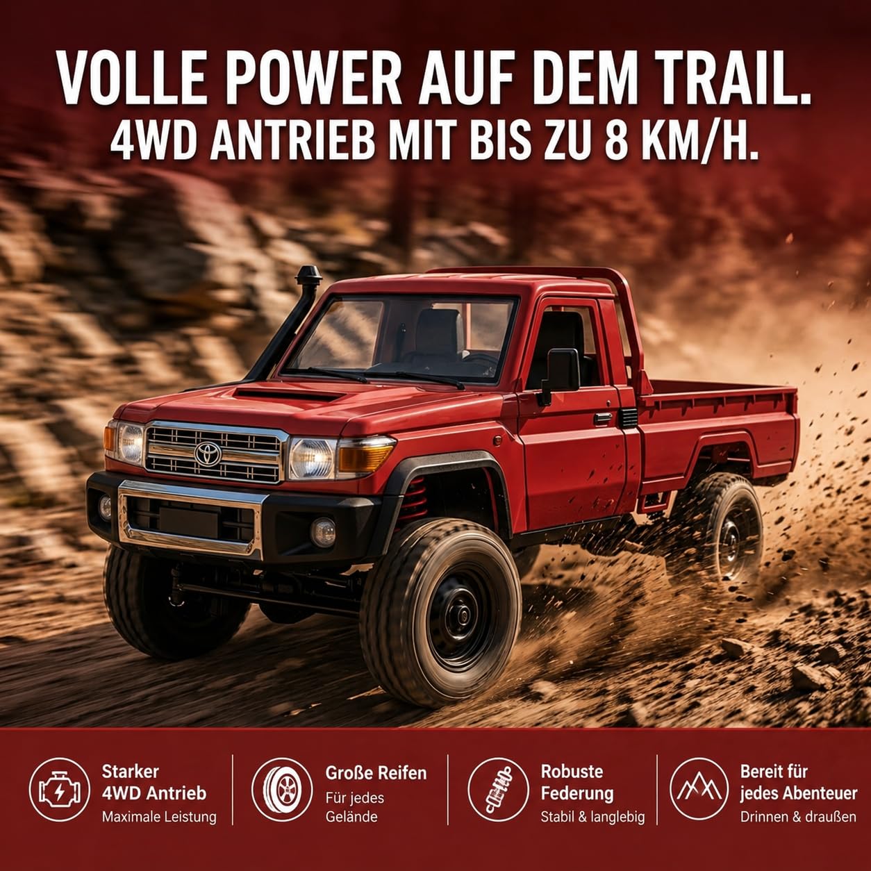 Toyota Land Cruiser | Ferngesteuertes RC Auto 1:12 | 4WD Crawler Pickup | Steuerung 2.4 GHz 100 m | LED Licht | Li-Ion 7.4 V 500 mAh 30 min | RTR Komplettset Offroad (Rot)