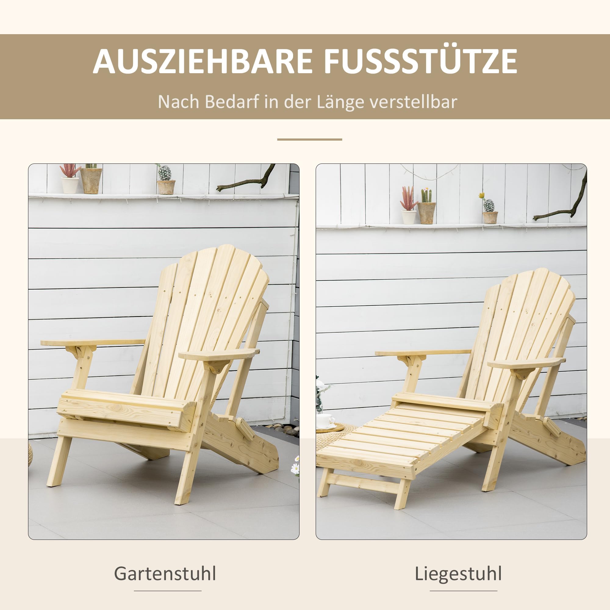 Outsunny Adirondack Stuhl Klappbar Adirondack Chair aus Holz Outdoor Gartenstuhl mit Fußstütze Hoher Rücken- und Armlehnen Balkonstuhl Gartensessel für Garten, Balkon 78 x 140 x 94cm Natur