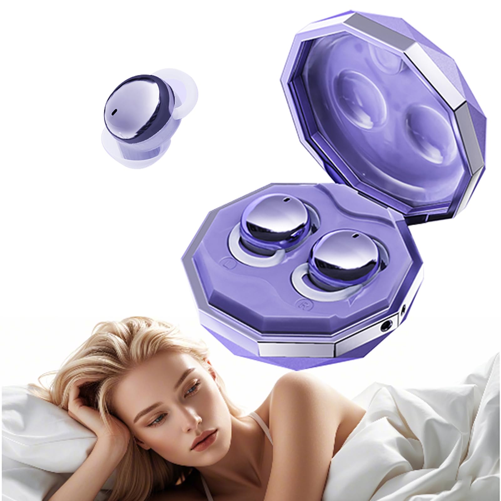Ttbesmi SM01 Purple Sleep Earbuds, Wireless Bluetooth 5.4, Noise Cancelling, 5Hrs Playtime, 42Hrs with Case, Side Sleepers Comfortable, Small Ear