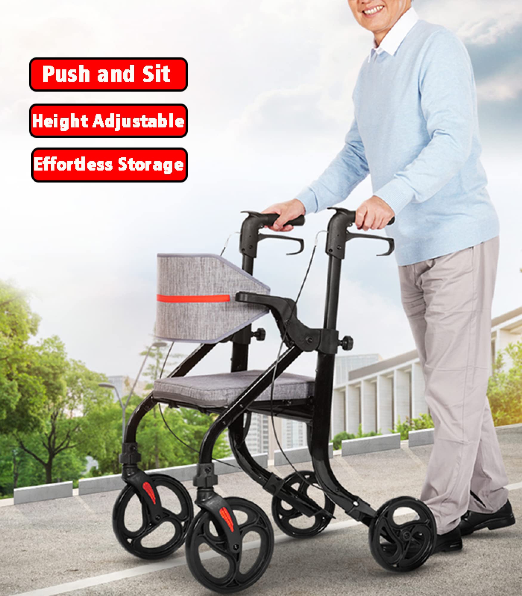 Andador con ruedas para personas mayores y adultos - Andador de silla de transporte plegable con asiento acolchado y ruedas delanteras universales de 10'' - Ayuda para la movilidad con mango ajustable