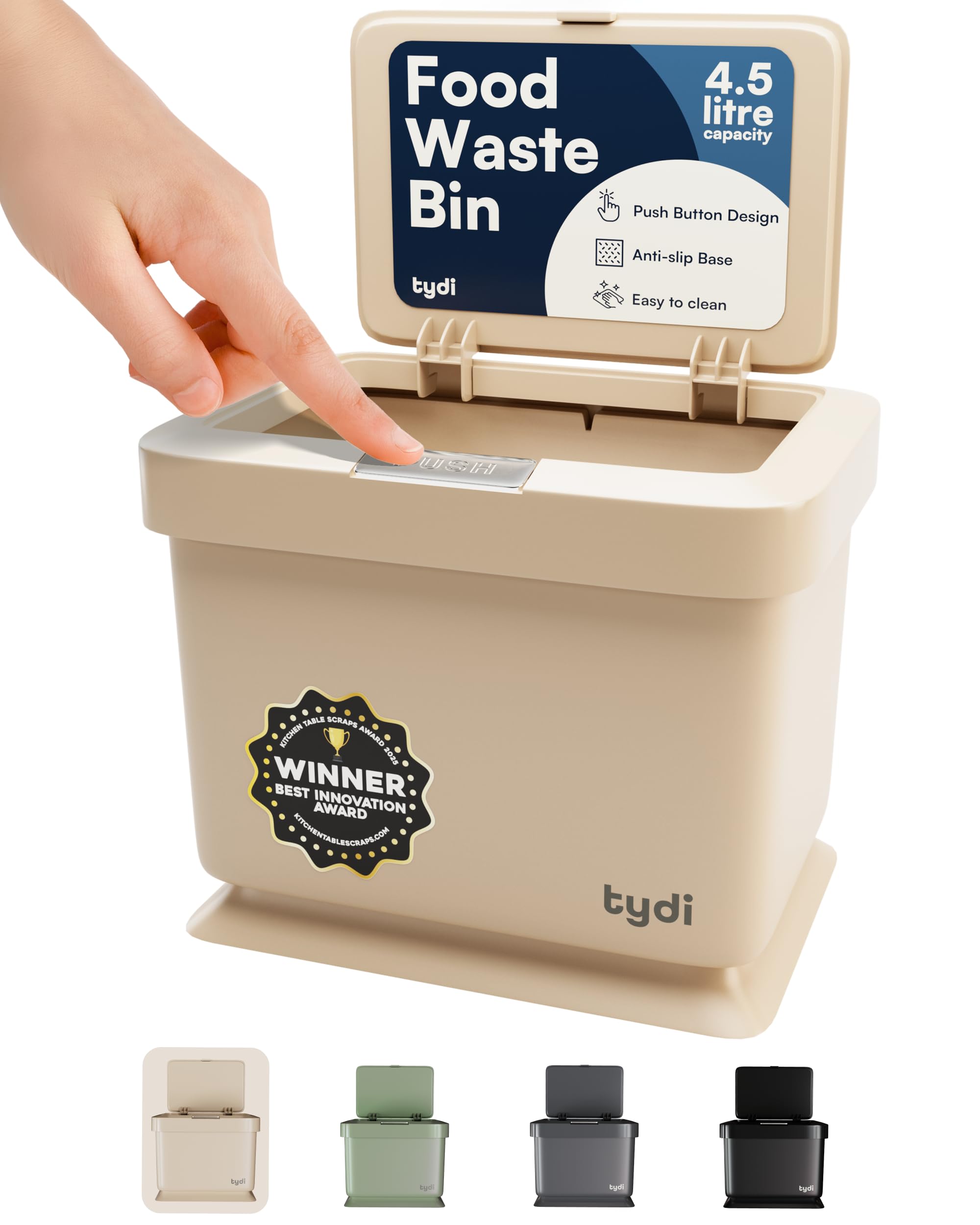 Tydi 4.5L Food Waste Bin with Press-Button Lid – Compost Bins for Kitchen - Anti-Slip Base and Secure Lid Kitchen Compost – Small Indoor Caddy for Cupboard or Countertop – Taupe