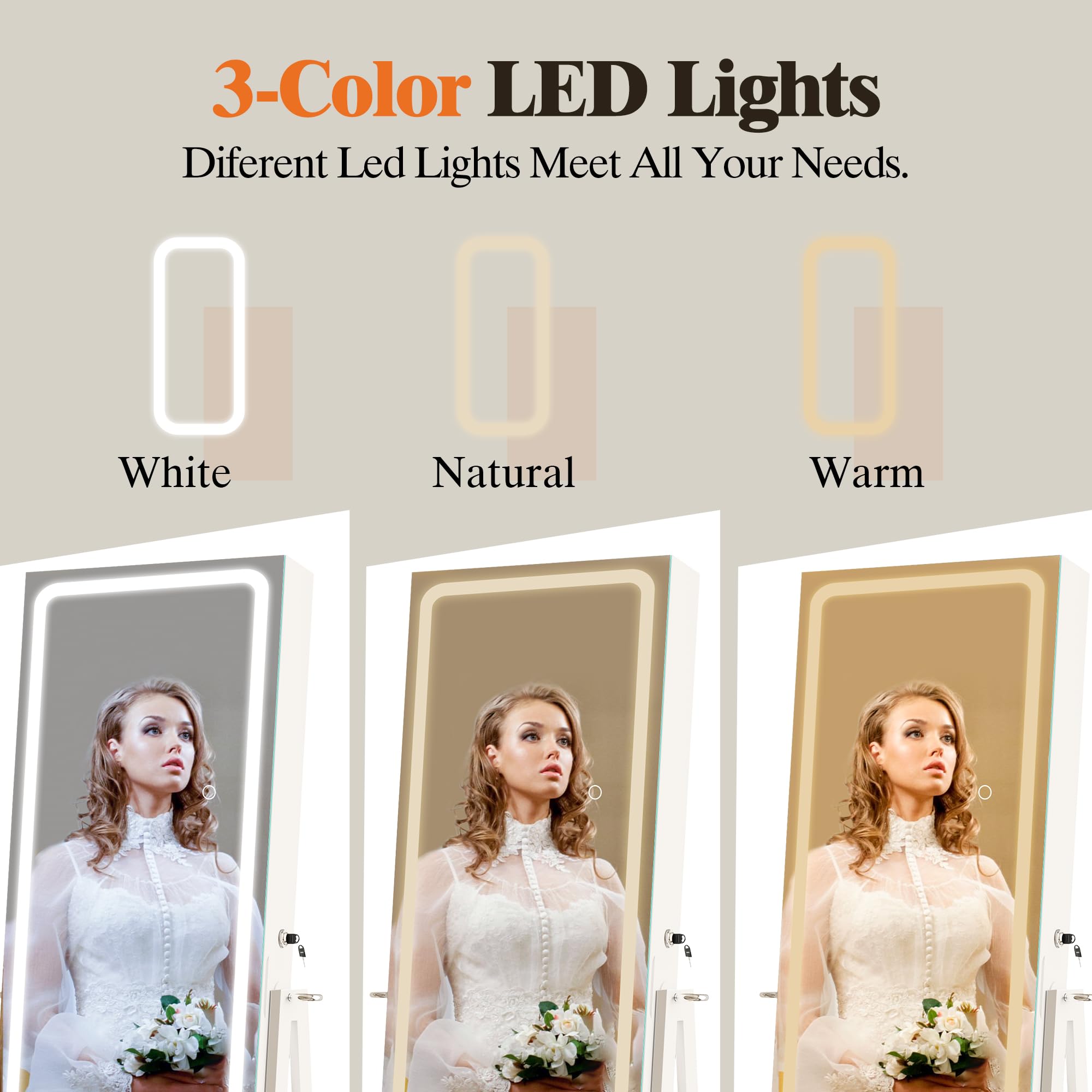 STARLEAD Specchio LED per Gioielli, Armadio Organizzatore da Terra, Lunghezza Intera, con Luce a 3 Colori Regolabile, Funzione Memoria, Fodera in Velluto, Ampio Spazio di Archiviazione, Bianco