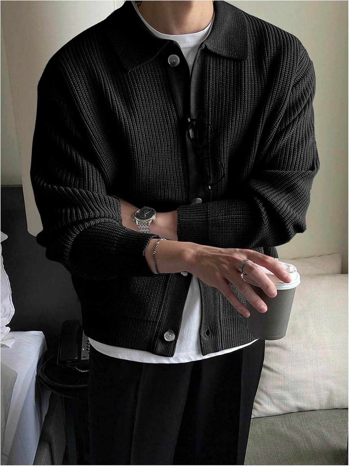 GORGLITTER Men's Lightweight Cardigan Oversized Button Down Collar Neck Knit Sweaters Casual Workout Tops - Image 2