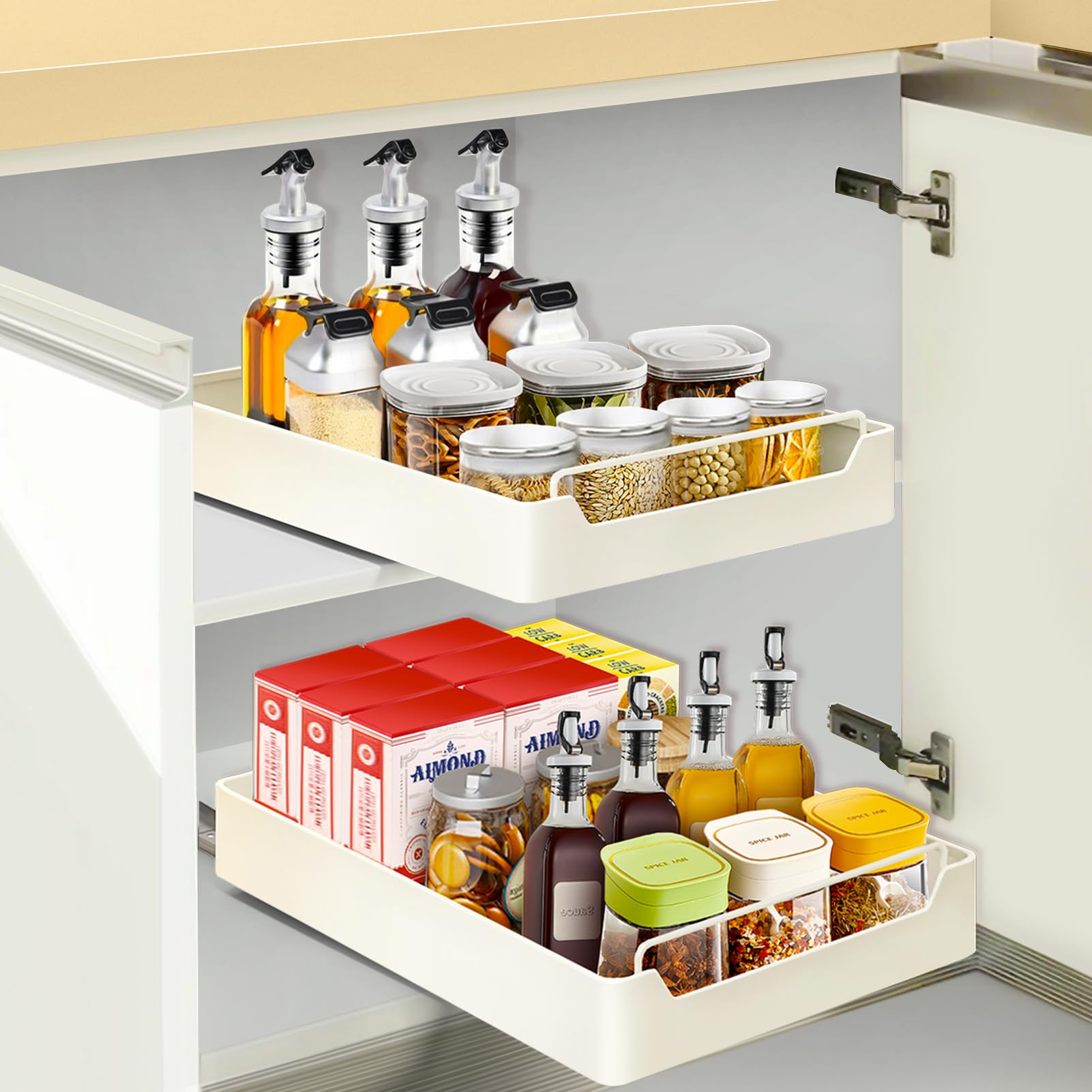 Pull Out Cabinet Organizer: 1 Adhesive Drawer for Cabinets - Carbon Steel Slide Out Drawers for Kitchen Cabinets - Sliding Drawer Cabinet Shelf Pantry Bathroom Storage (12.2" W x16.9 D x 2.75" H)
