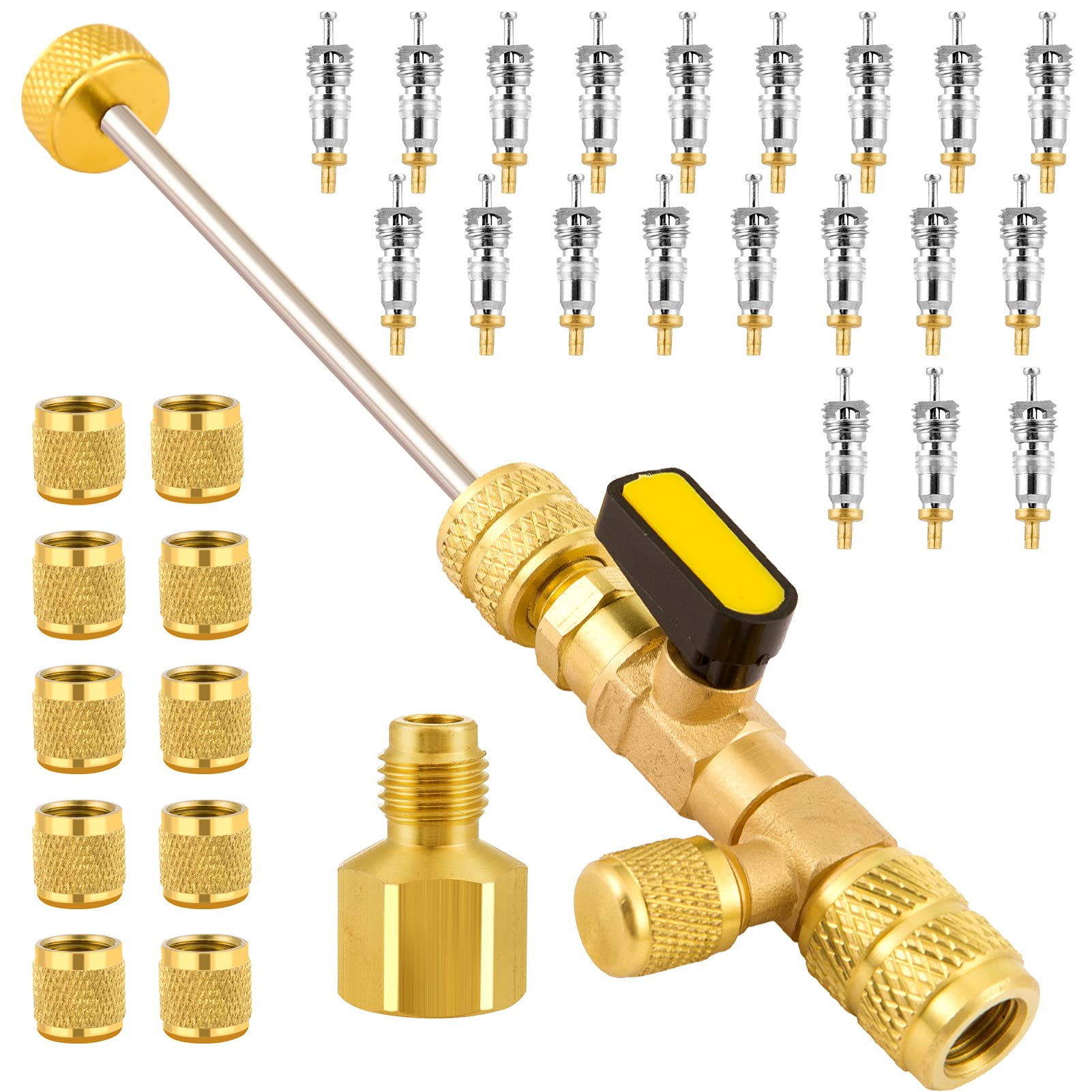 32 Pack Valve Core Remover Installer Tool Kits- Valve Core Remover with Dual Size SAE 1/4 & 5/16 Port+ 10pcs Brass Nuts+ 20pcs Valve Cores with Teflon Seal Set for R22 R12 R407 R410 R404 R32 R600 A/C