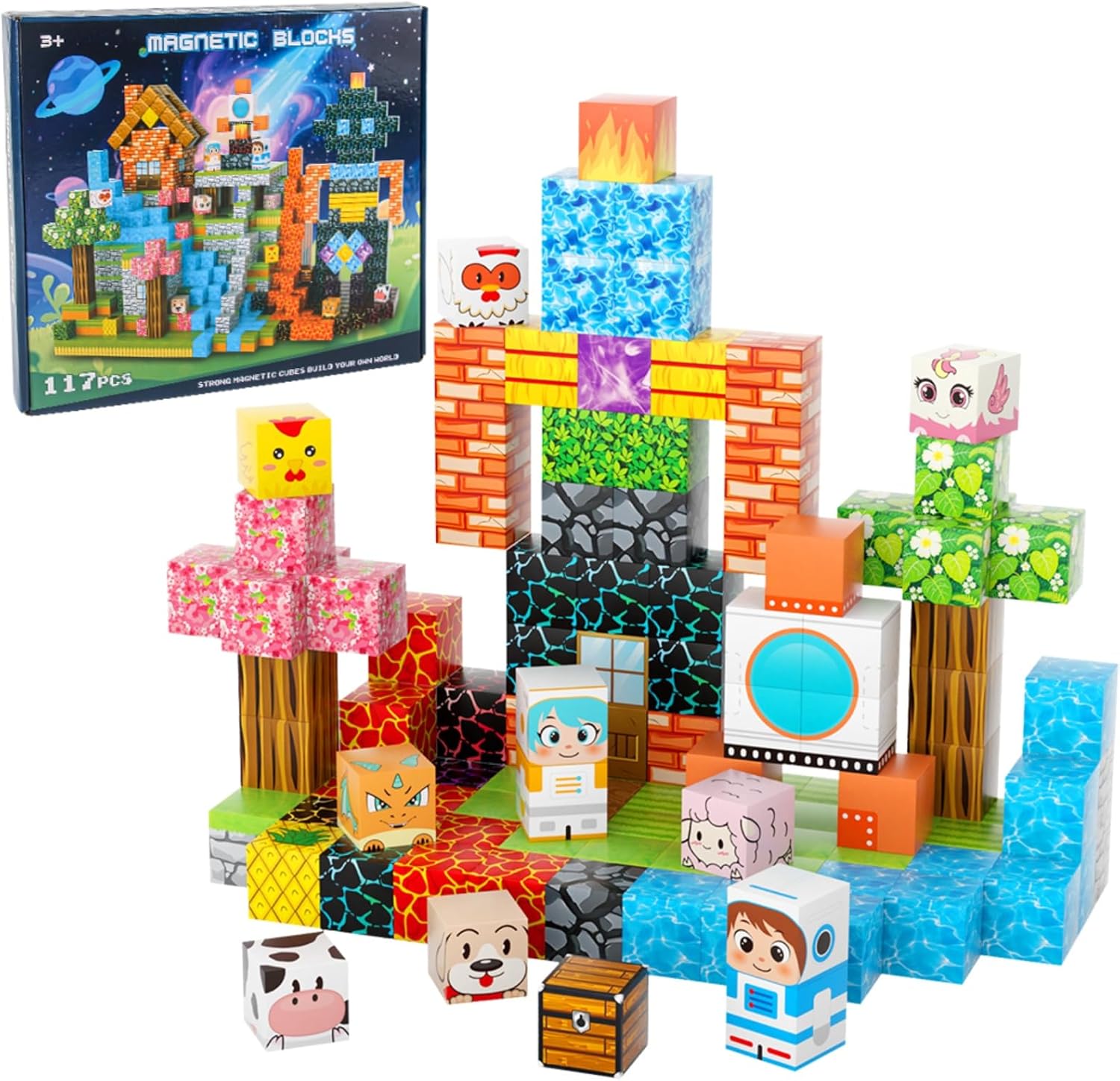 Magnetic Blocks, 117-Piece 0.8in Build Astronaut Magnet Game Set, Stacking Building Blocks Cubes Magnets for Kids, STEM Sensory Creative Toys Games for Toddler Boys & Girls