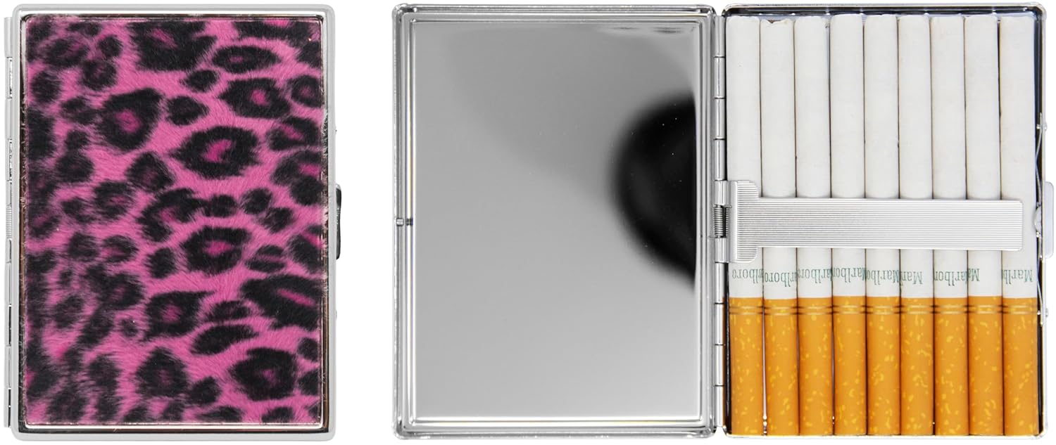Set of 2 Metal-Plated 100s Ultra Compact Cigarette Case with Insert (Faux Pink Leopard Print Fur)