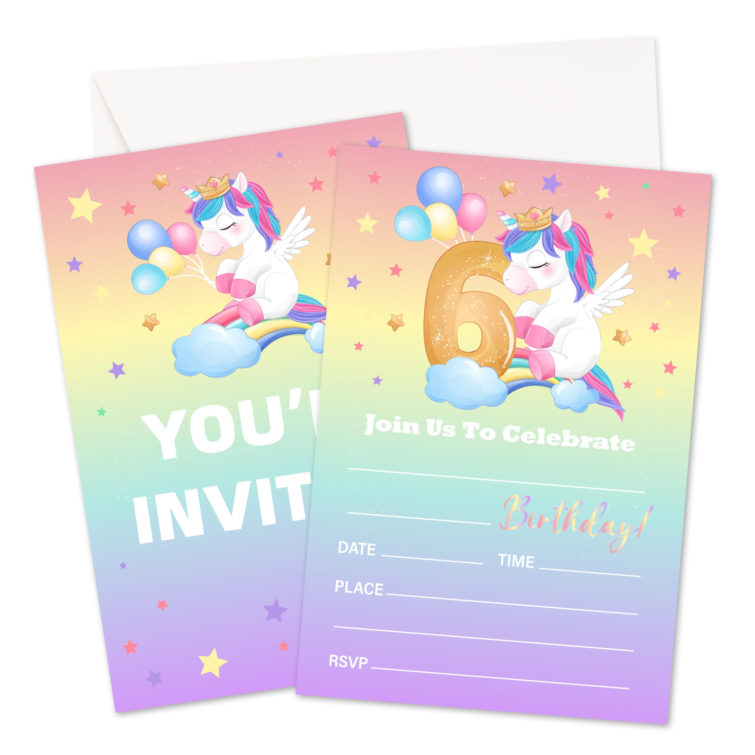 RYSMH 6th Unicorn Birthday Invitations, Magical Unicorn Invites Cards For Girls, Birthday Party Celebration Favors Supplies, 20Pcs Rainbow Party Fill