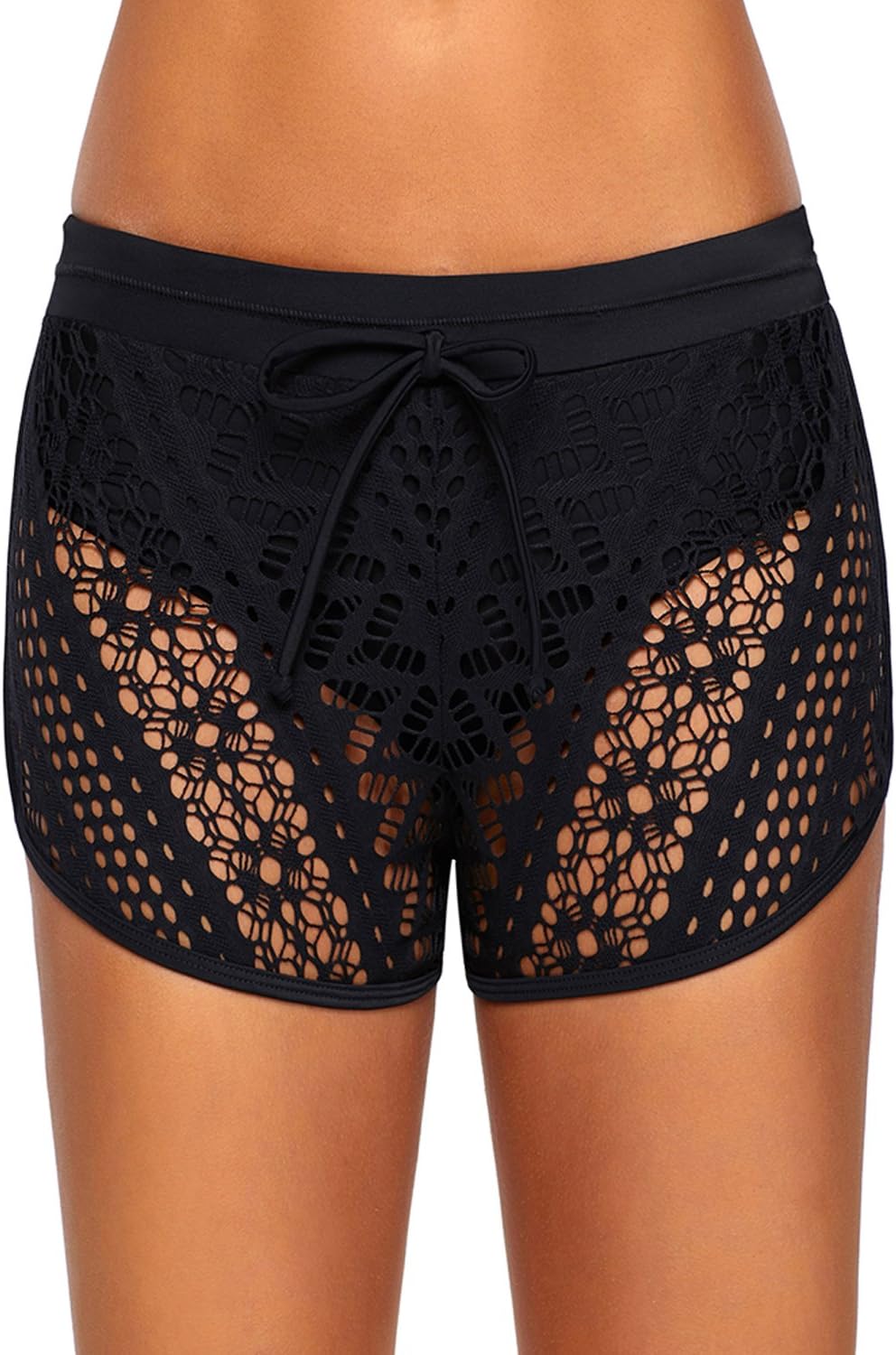Momodani Women's Lace Hollow Out Swimsuit Tankini Bottom Swim Board Shorts,Black,Large