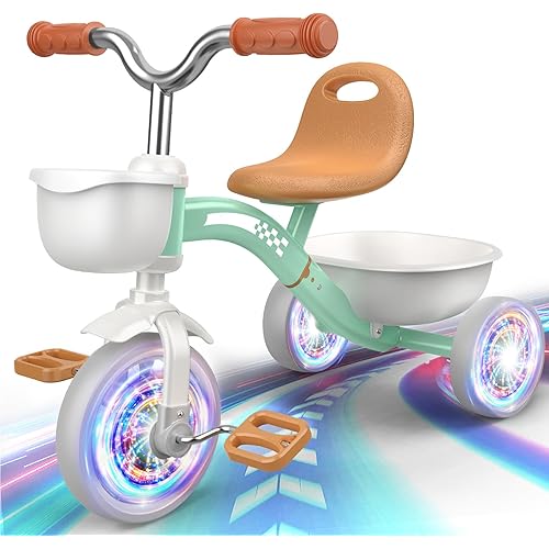 Toddler Tricycle for 1-3 3-5 Year Olds, Toddler Toys Baby Bike, Toys for Ages 2-4, 3-Level Adjustable Seat, 3 Colorful Lighting Wheels, 1 2 3 4 Year Old Boy Girl Birthday Gifts