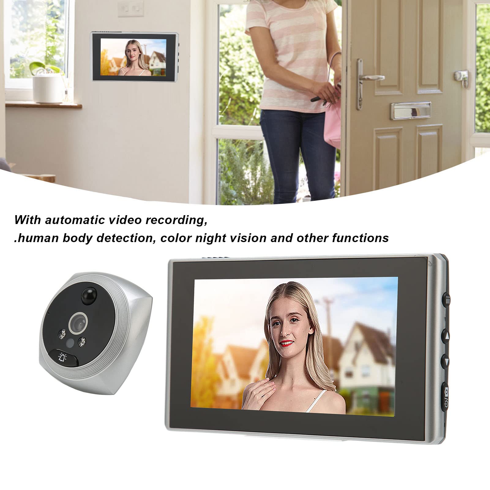 Wizjer do drzwi, cyfrowe elektroniczne drzwi z funkcją nocnego koloru 1080P, inteligentny dzwonek wideo obsługujący wykrywanie ludzkiego ciała dla hotelu z biurem domowym (srebrny)(Silver)