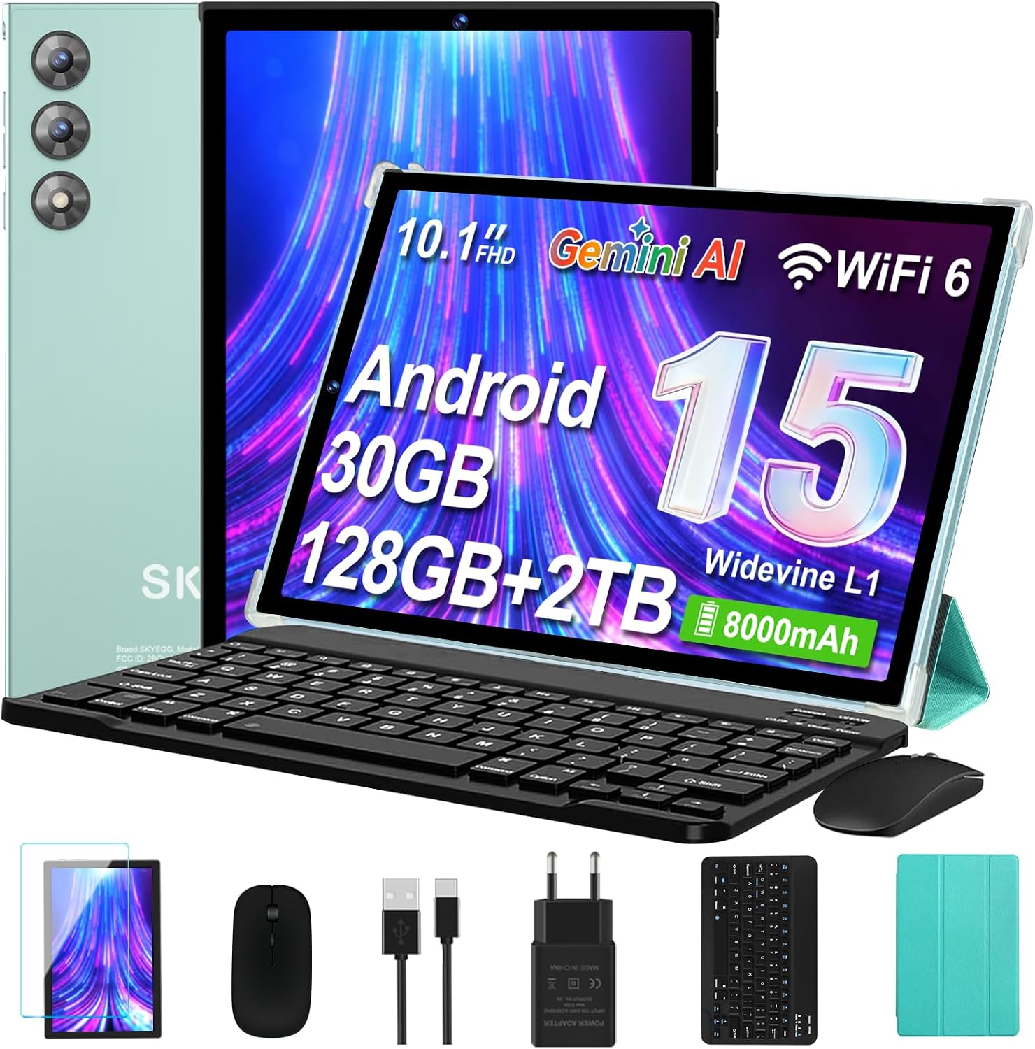 (-31%) Tablet 10 Zoll mit Tastatur und Maus, Android 15 mit Gemini AI, Blaugrün