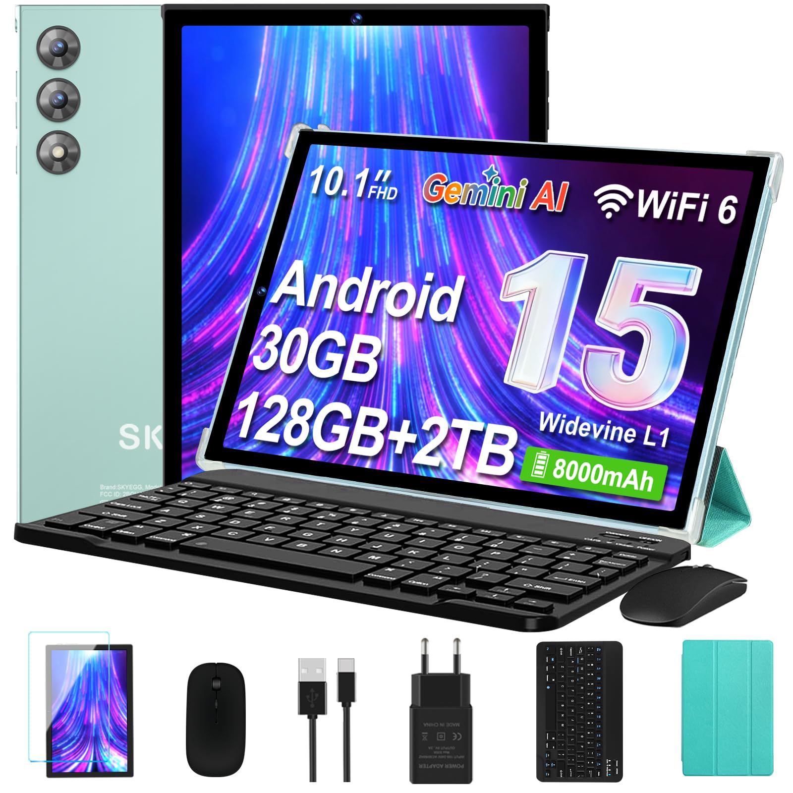 Tablet 10 Pulgadas Android 15 con Gemini AI, 30GB RAM 128GB Ampliable 2TB, Octa-Core, WiFi 6, Widevine L1, Batería 8000mAh, Cámara 8/5 MP, Teclado, Ratón y Funda, Cuerpo Metálico, Verde Azulado