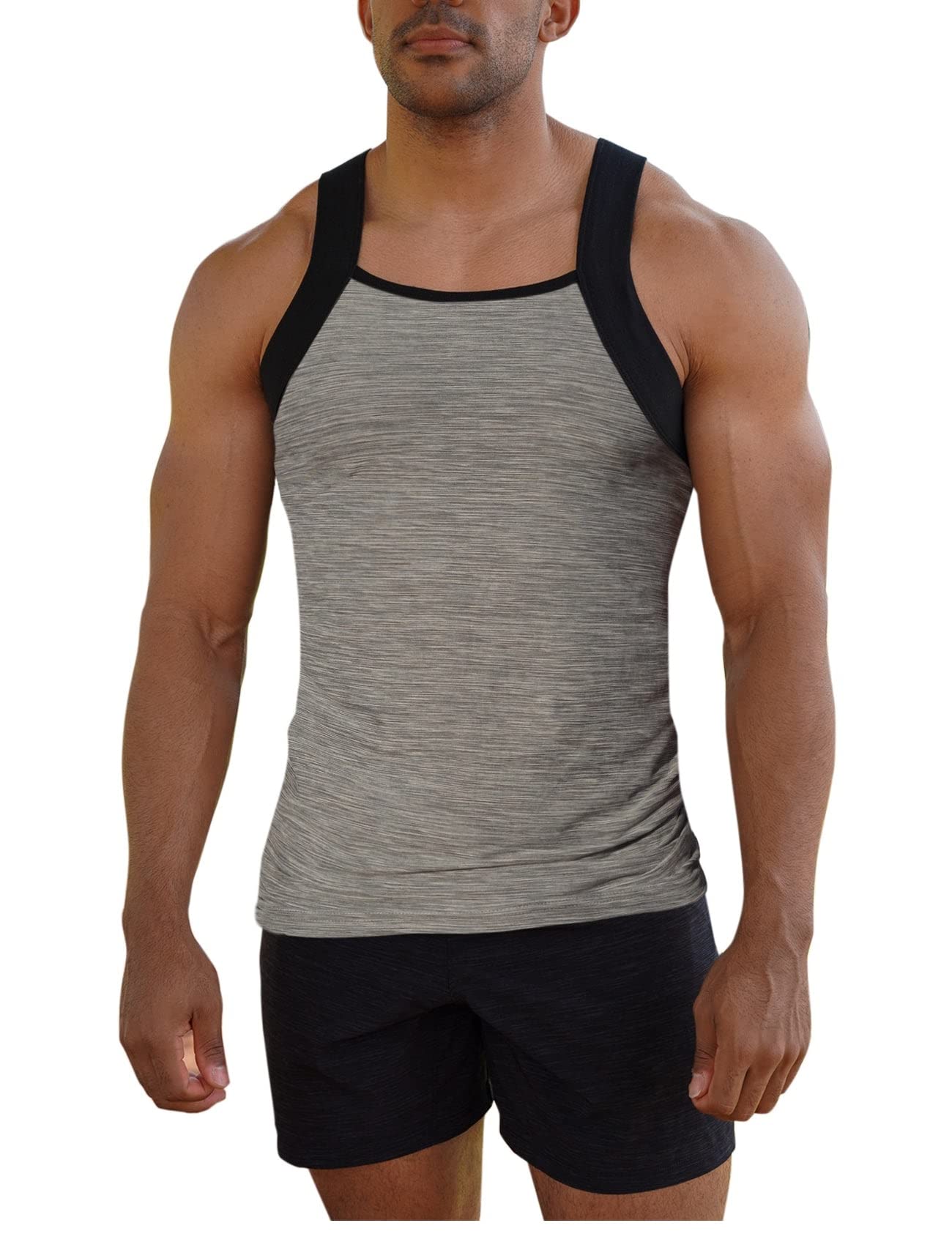 Different Touch Men's Dry Fit Square Cut Tank Tops, Grey/Black, XXL