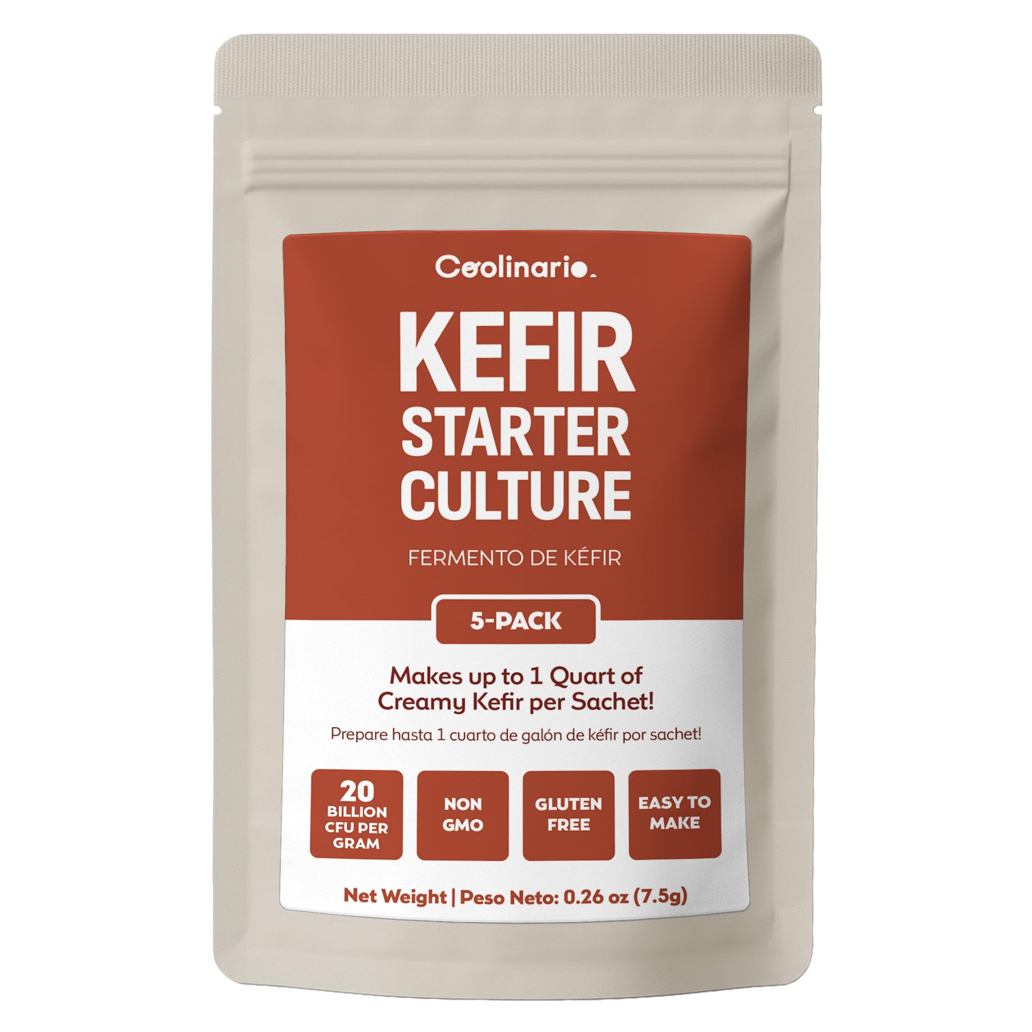 Kefir Starter Culture (5-Pack, 1.5g Sachets) Live Probiotic Cultures for Homemade Kefir | Smooth, Creamy & Tangy | Non-GMO, No Preservatives, Gluten Free, Halal & Kosher Certified