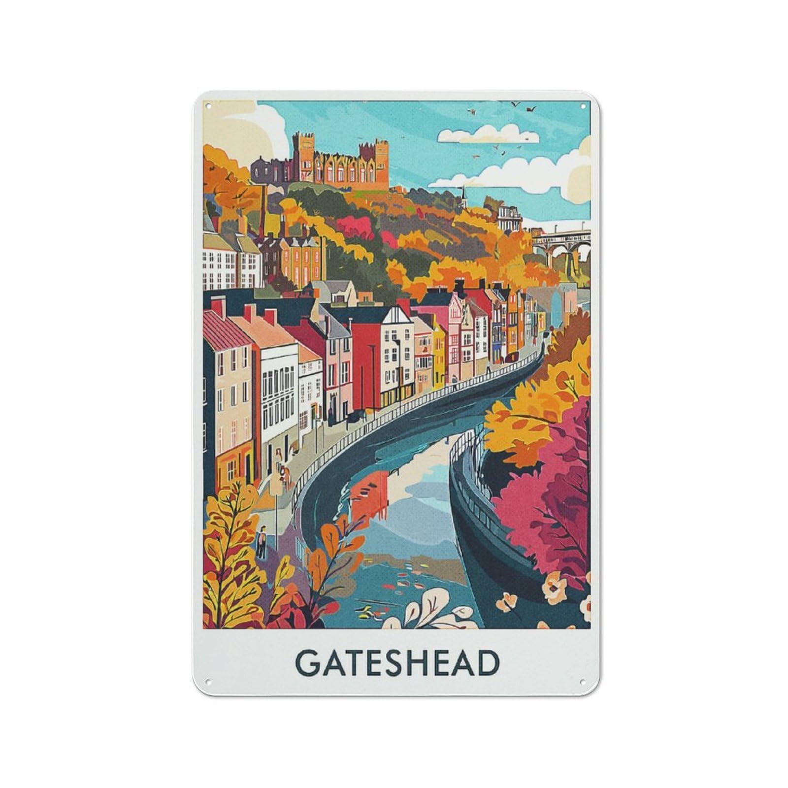 Junmoney Style-10 Rustic Tin Sign 30X20cm Featuring Gateshead Cityscape For Garage Or Workshop, For Garage, Workshop And Man Cave Decoration
