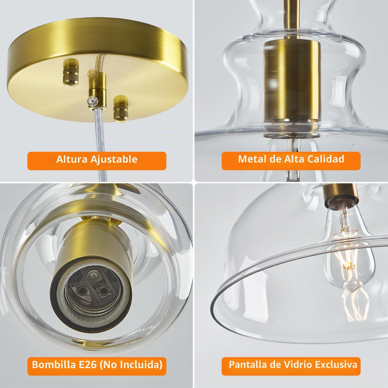 Lámparas de cristal transparentes en forma de campana, lámparas colgantes modernas con acentos dorados, ideales para la iluminación de cocinas, comedores y dormitorios (Gold-C)