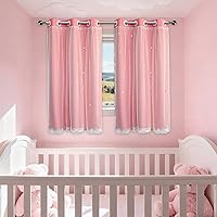 Vista 15 de Lindas cortinas opacas para dormitorio de niñas, diseño estético negro con doble capa con superposición transparente, 45 pulgadas de largo, 2