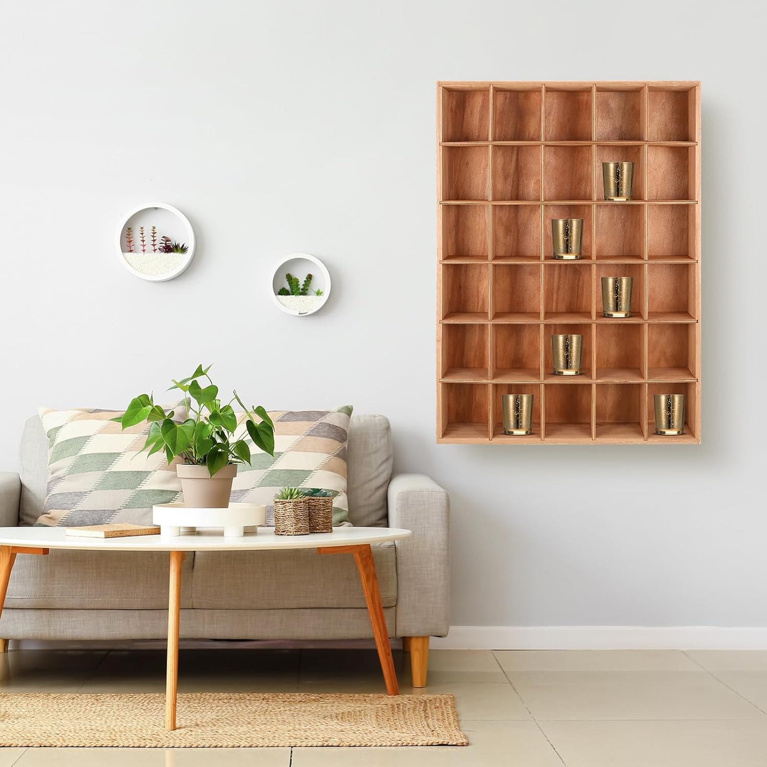 Wenqik 1 Pcs Shot Glass Display Case for Wall 30 Slots Case Wooden Shot Glass Holder Display Rustic Shelf Collection Display Rack Freestanding(Wooden Color)