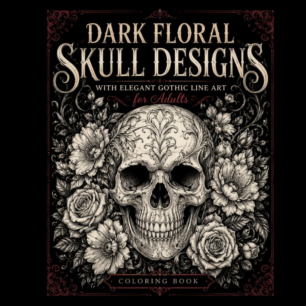 Floral Skull Tattoo Coloring Book with Elegant Gothic Line Art for Adults