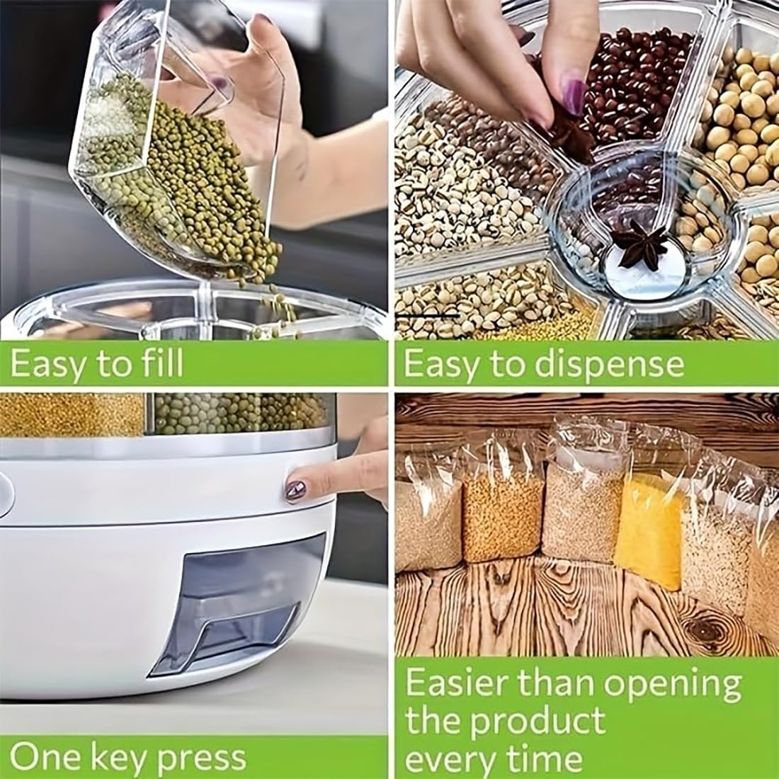 Rotating Grain Storage Bin 6 Grids Rice Container One-Click Output Large Capacity Food Dispenser For Rice Grains or Pet Food Sealed Moisture Proof Organizer Large White 1