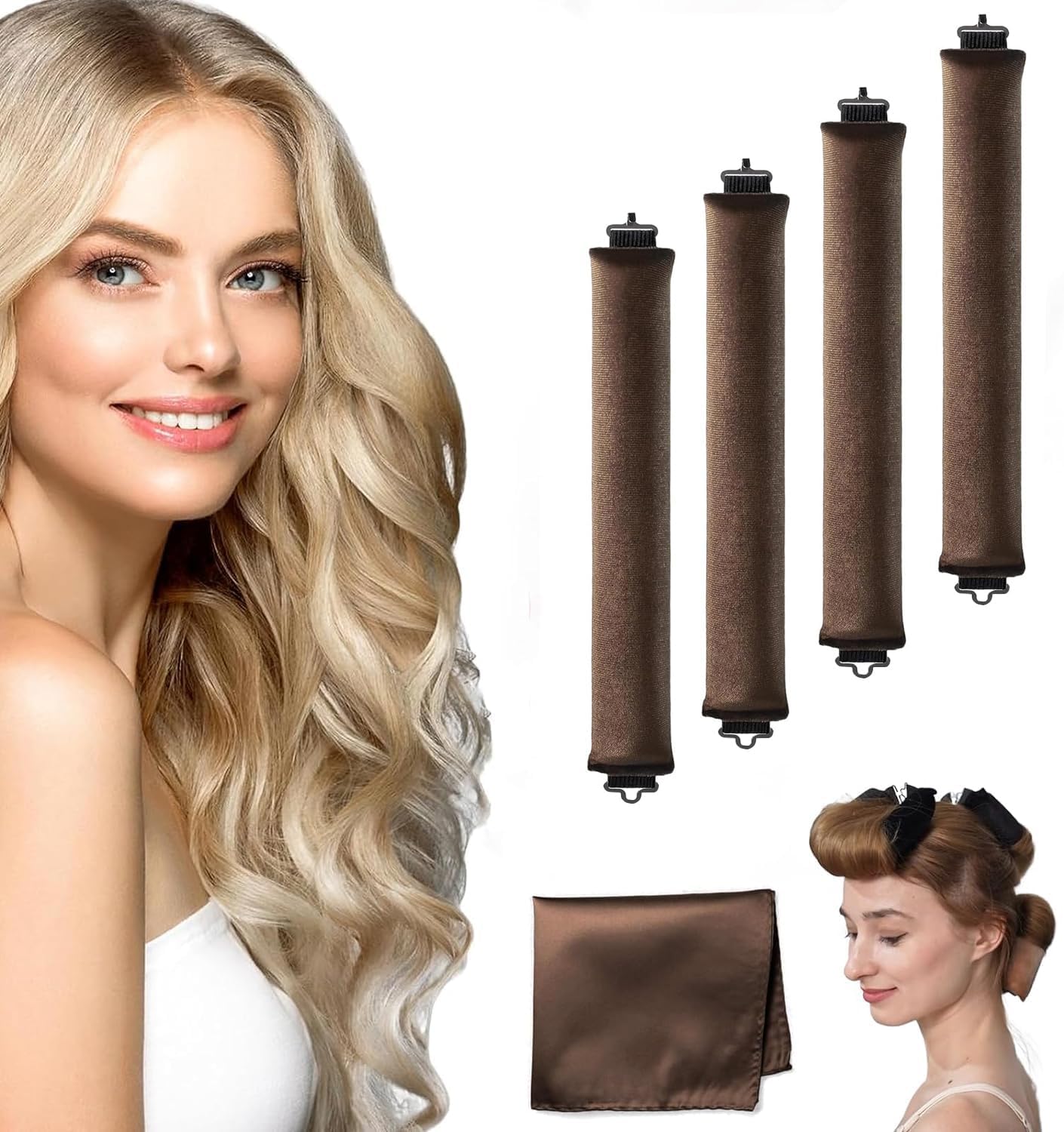 AngjuHeatless Hair Curler, Overnight Curls Blowout Rods Headband, No Heat Curlers to Sleep in Large Rods Hair Rollers Blowout Look for Short Hair Styling Tools, Silk Hair Wrap Curling Set (Brown)