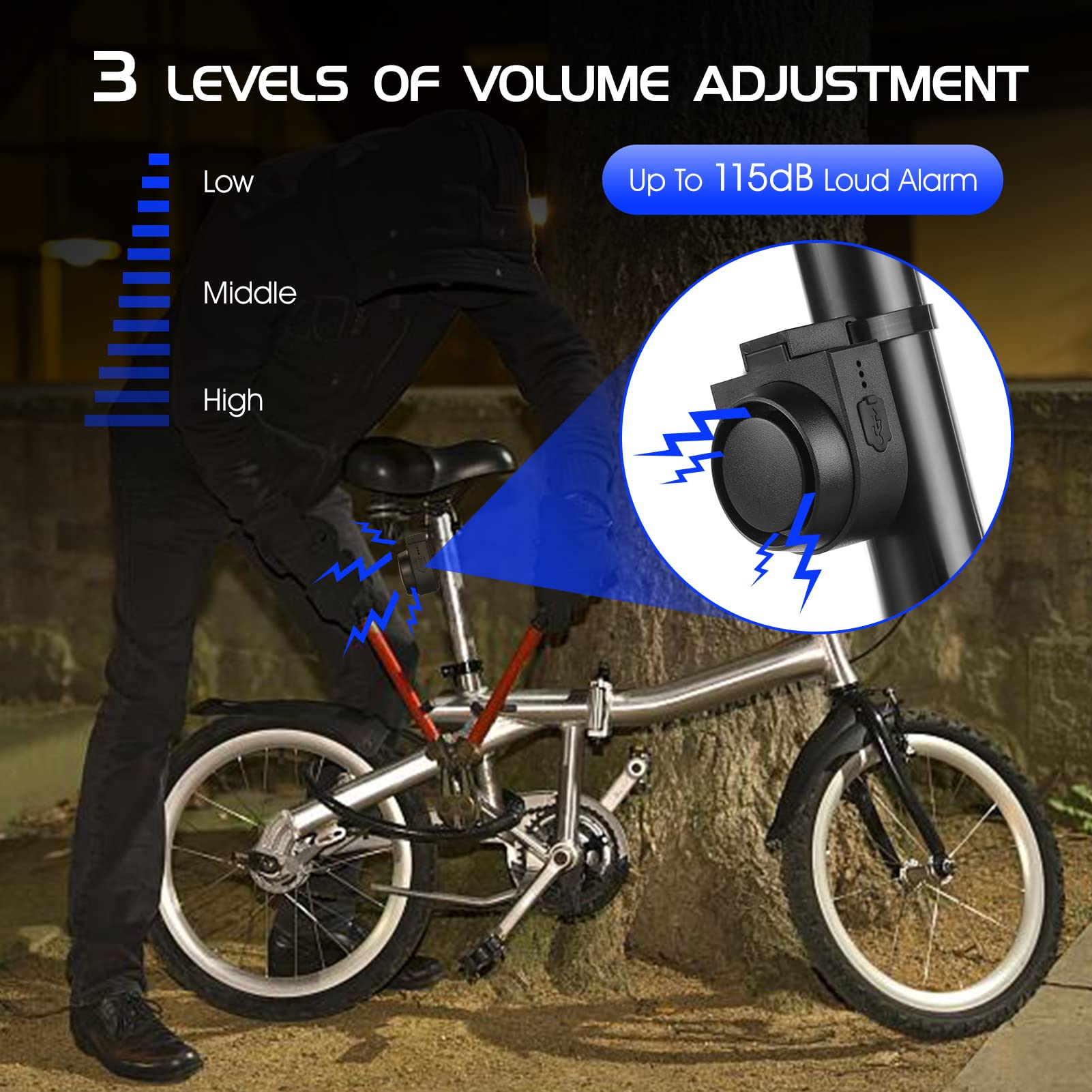 Klaxon de vélo sans fil 115 dB fort antivol IPX5 avec 5 modes sonores, 3 réglages de la sensibilité aux vibrations, 3 réglages du volume