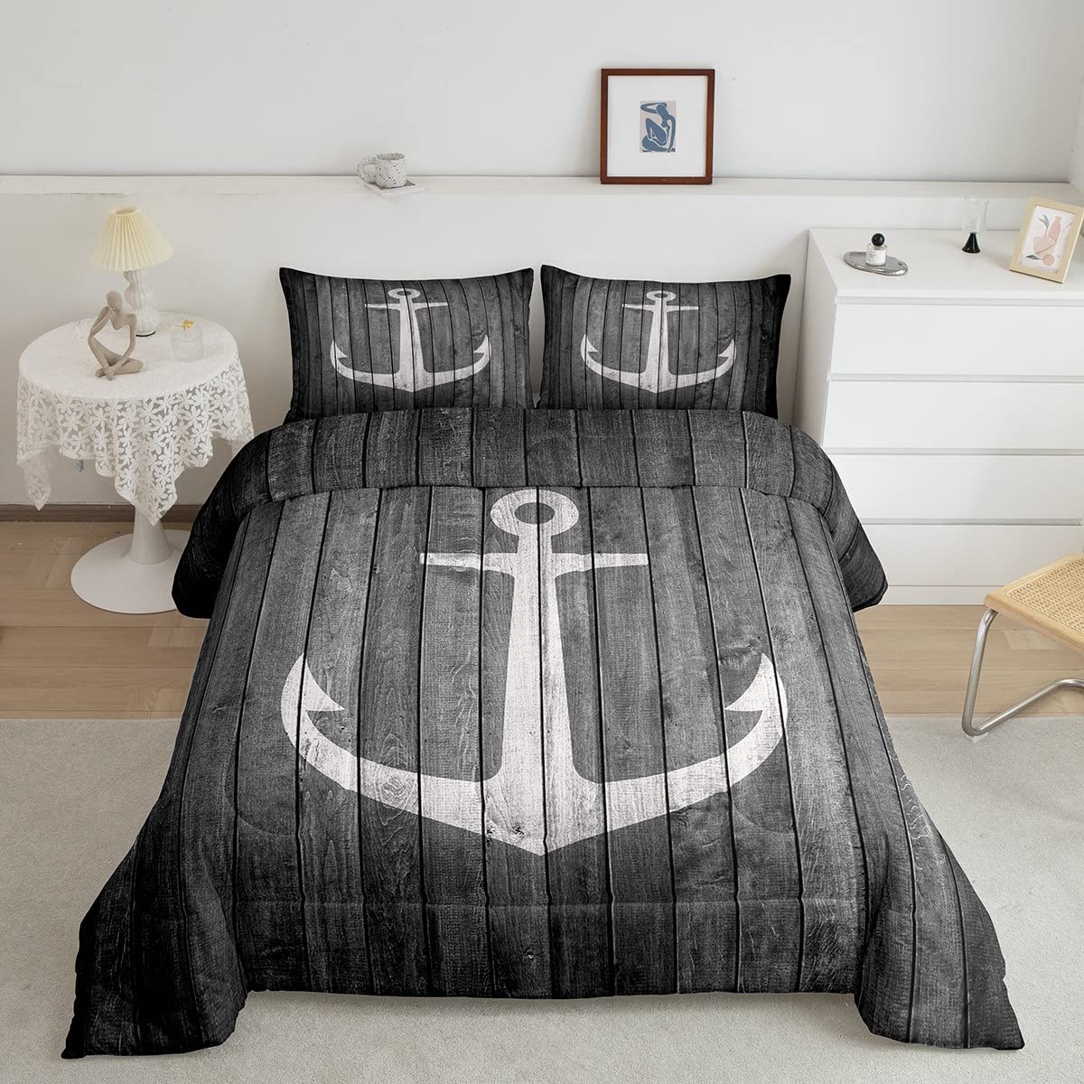 Homemissing Anchor Comforter Set Nautical Bedding Set for Kids Boys Girls Sea Adventure Down Comforter Black Wooden Plank Comforter Set King Size