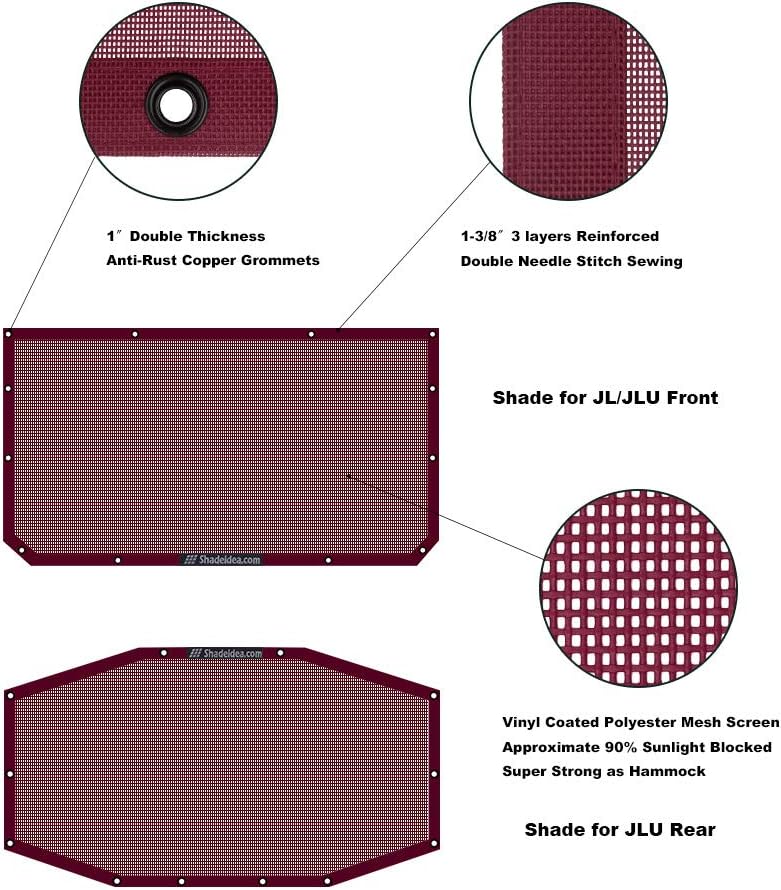 Shadeidea Sun Shade Top for Jeep Wrangler, JL (2018-2023) 4 Door Top Sunshade, Front & Rear - Wine Red JLU Mesh Screen Cover, UV Blocker with Grab Bag Pouch - 10 Year Warranty