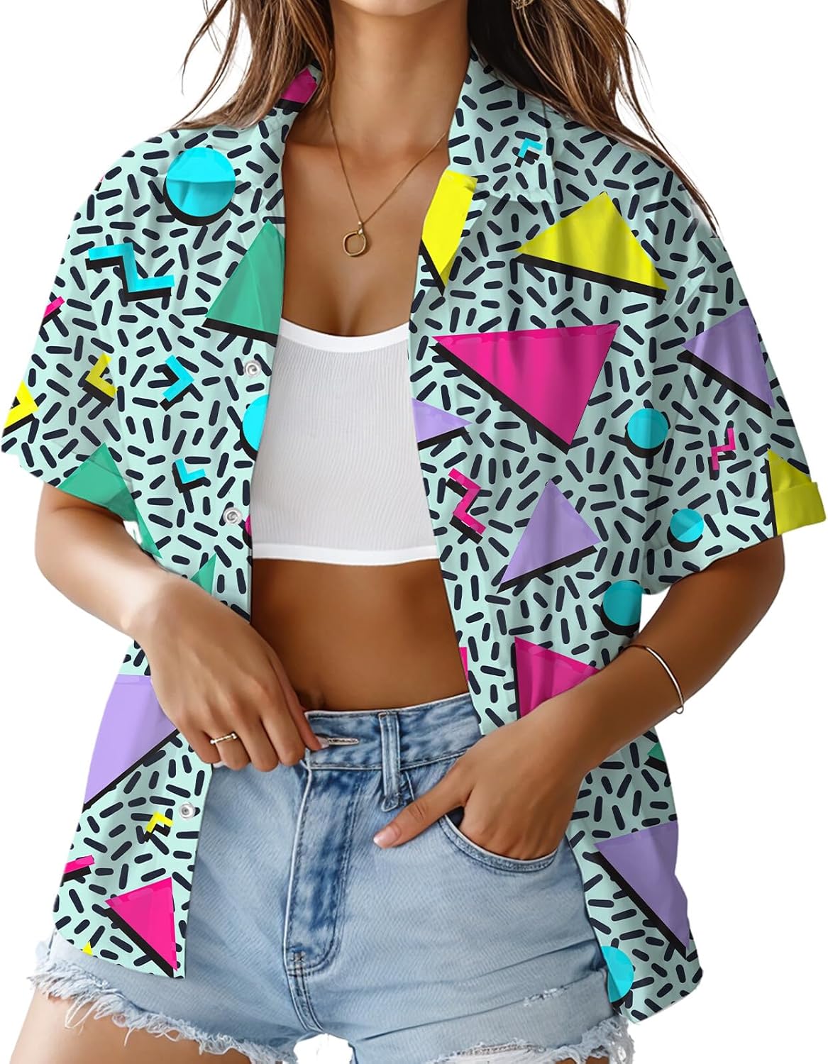 HUGLAZY 80s Outfit for Women 80s Shirt Hawaiian Short Sleeve Neon Party Outfit Retro 90s Costume Blouse Tops