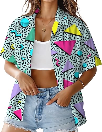 HUGLAZY Traje de los años 80 para mujer, camisa hawaiana de manga corta neón para fiesta, disfraz retro de los años 90, blusa