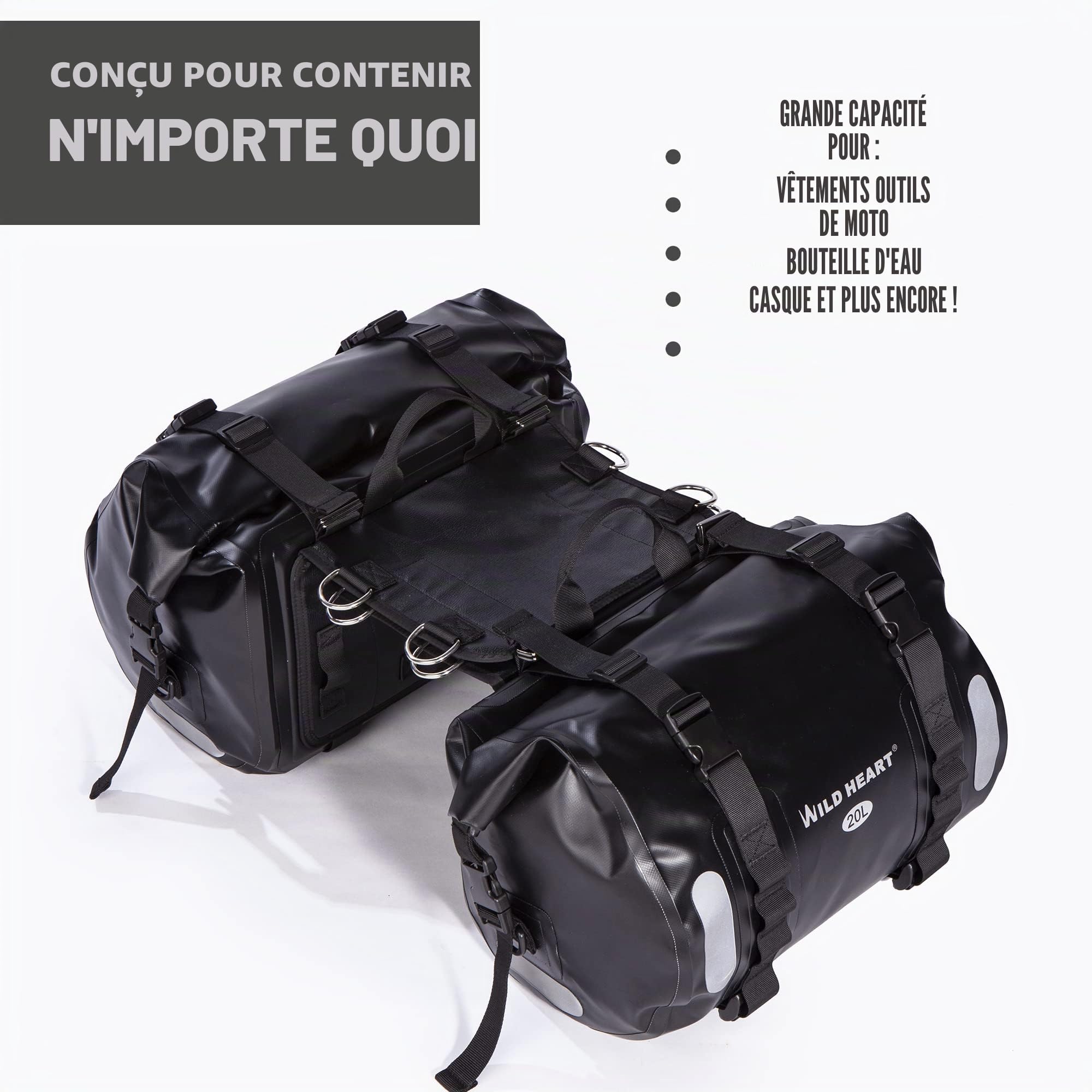 Wild Heart Sac étanche pour Selle de Moto - 40 l - Sac latéral pour Moteur - Noir