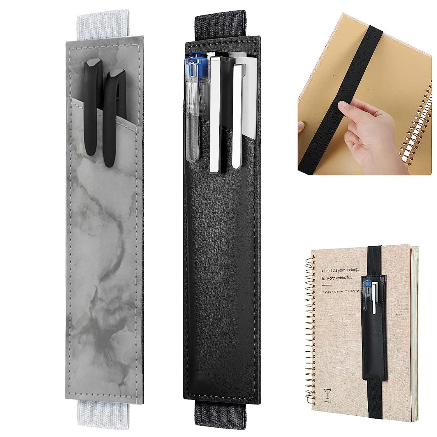 Zurligi 2 Packs Pen Holder for Notebook, Adjustable Elastic Band Pencil Holder Pen Sleeve Pouch for Hardcover Journals, Planners, Hold 2 or 3 Pens, PU Leather Detachable 20cm to 30cm Height