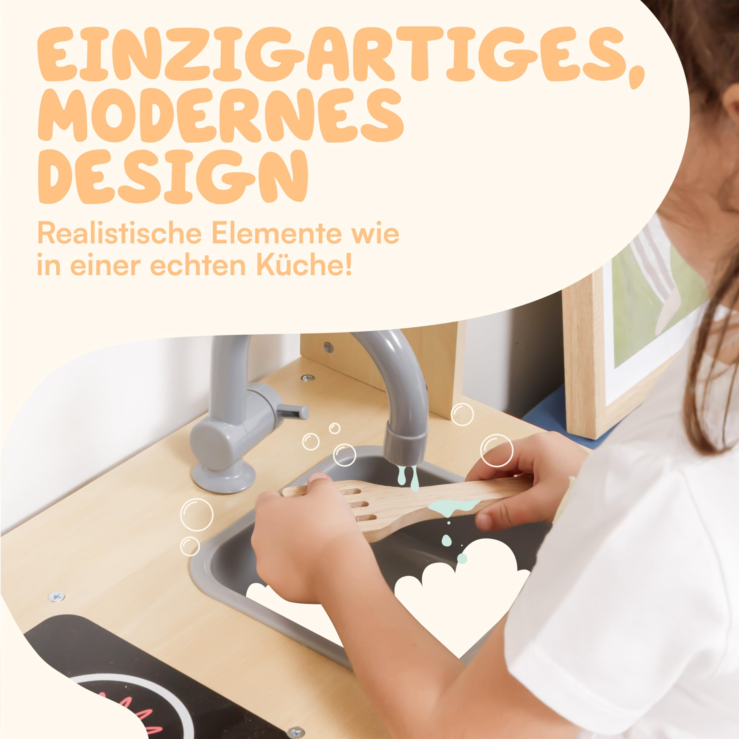 Baroni Toys Montessori Holzküche Spielzeug für Kinder, Mini-Küche aus Holz für Kinder, Spiel Küche mit Mikrowelle, Waschbecken und Herd, Spiel Kinder 3, 4, 5, 6, 7 Jahre