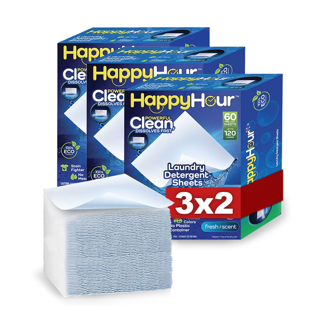 HAPPY HOUR, Tiras Detergente Lavadora (60 lavados carga completa) 100% Ecológico. Fácil de usar, económico. Ideal Viajes. Eficaz contra manchas en agua caliente/fría. Apto pieles sensibles. Pack 3x2
