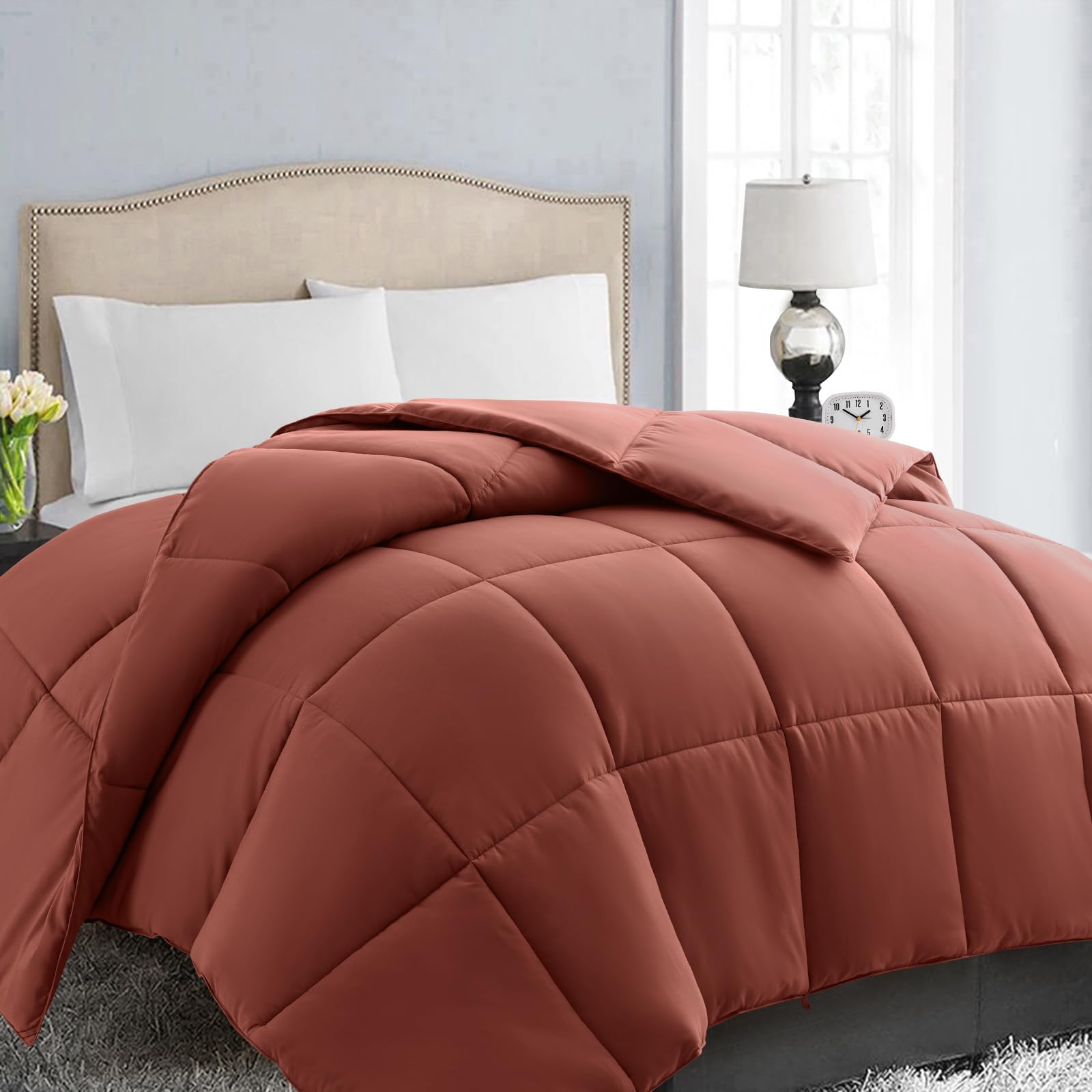 Photo 1 of EASELAND California King Down Alternative Comforter - Quilted Duvet Insert for All Seasons, Soft Lightweight with Corner Tabs, Summer Winter Warm Bedding, Terracotta 96x104 Inches