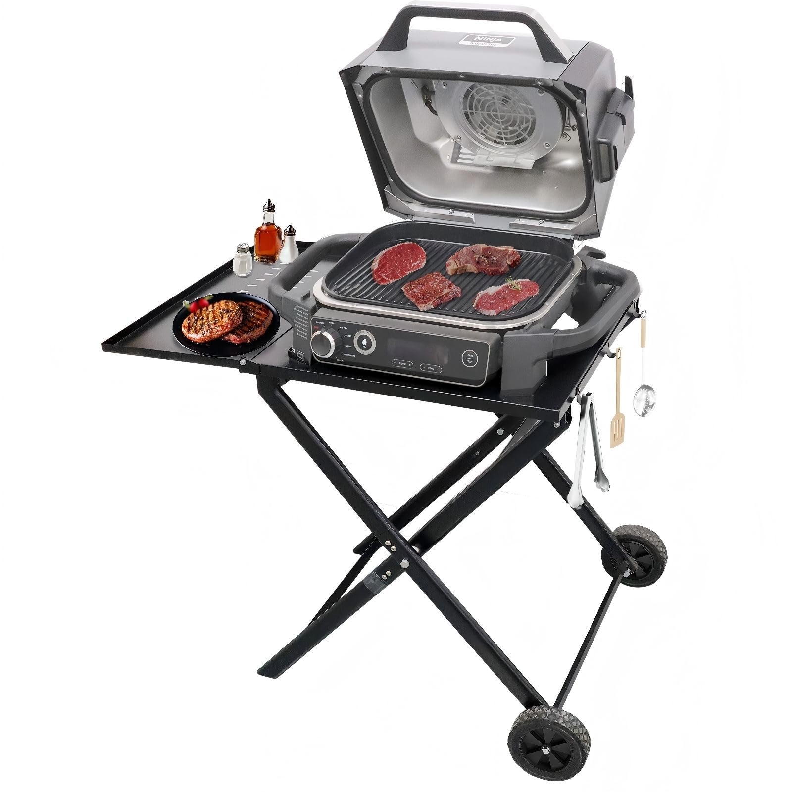 Support de Barbecue Pliable pour Ninja Woodfire OG701/OG850/OG951, Chariot Plancha Extérieur Universel avec Table Latérale et Crochets, Noir