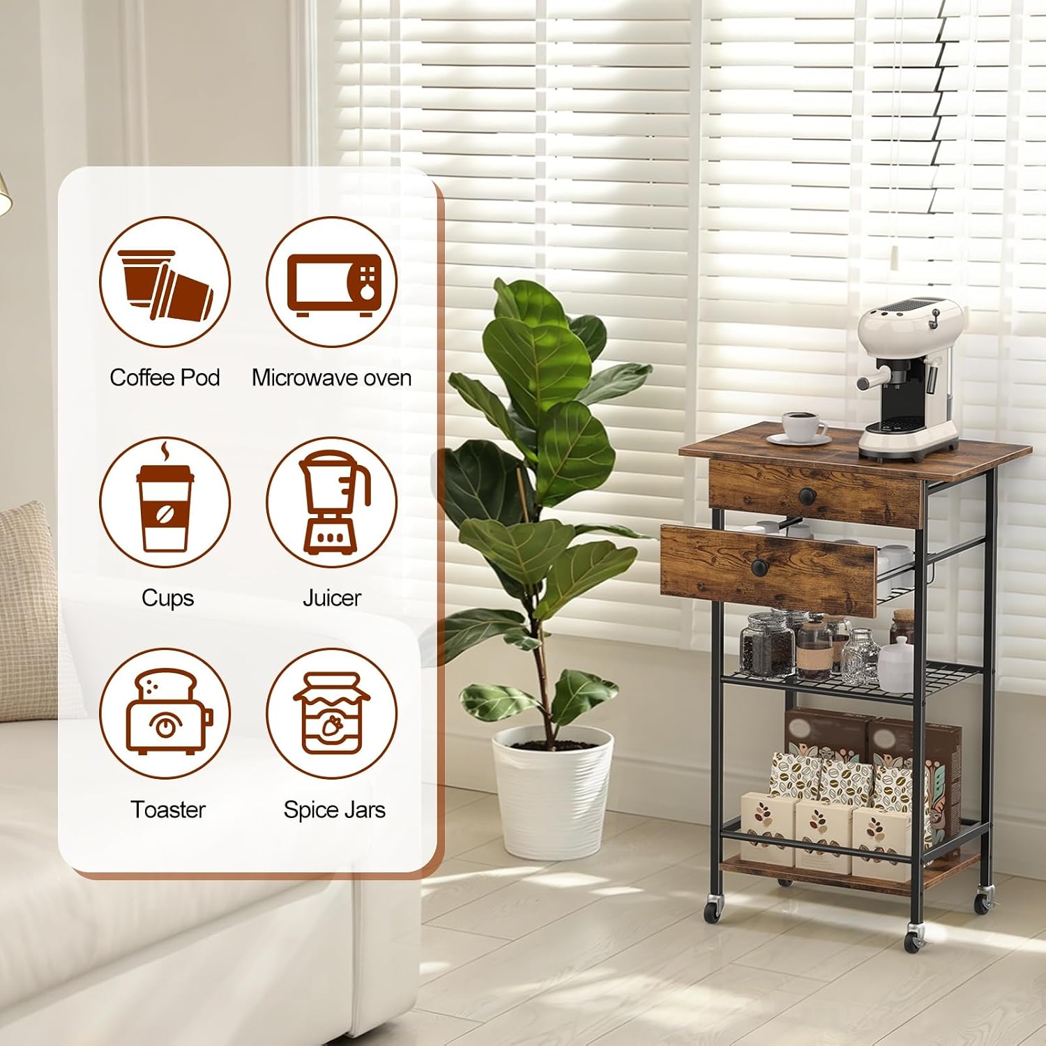 ETELI Coffee Cart Station with Lockable Wheels and Coffee Pod Storage