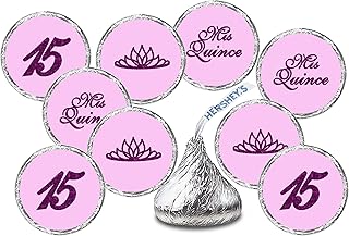 Mis Quince Birthday Purple Kisses Stickers, (Set of 216), Quinceanera Chocolate Drops Labels, 15 Party Decoration Favors Decor for Kisses