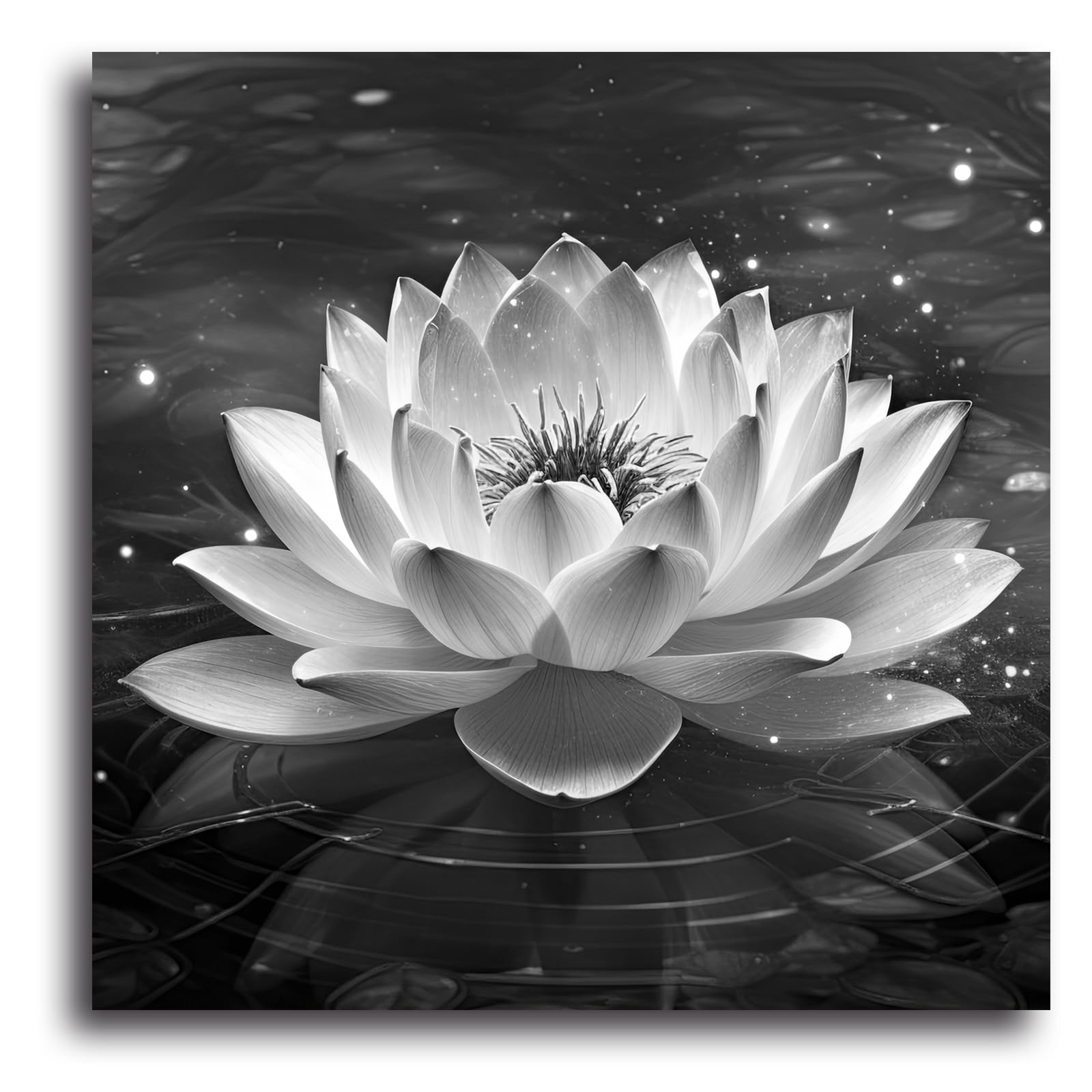 Quadro su Tela in Bianco e Nero con Motivo Zen, Fiori di Loto e ninfea, Stampe artistiche spirituali per Bagno, Meditazione, Yoga e Spa (Immagine 2, (45,75 cm x 45,75 cm))