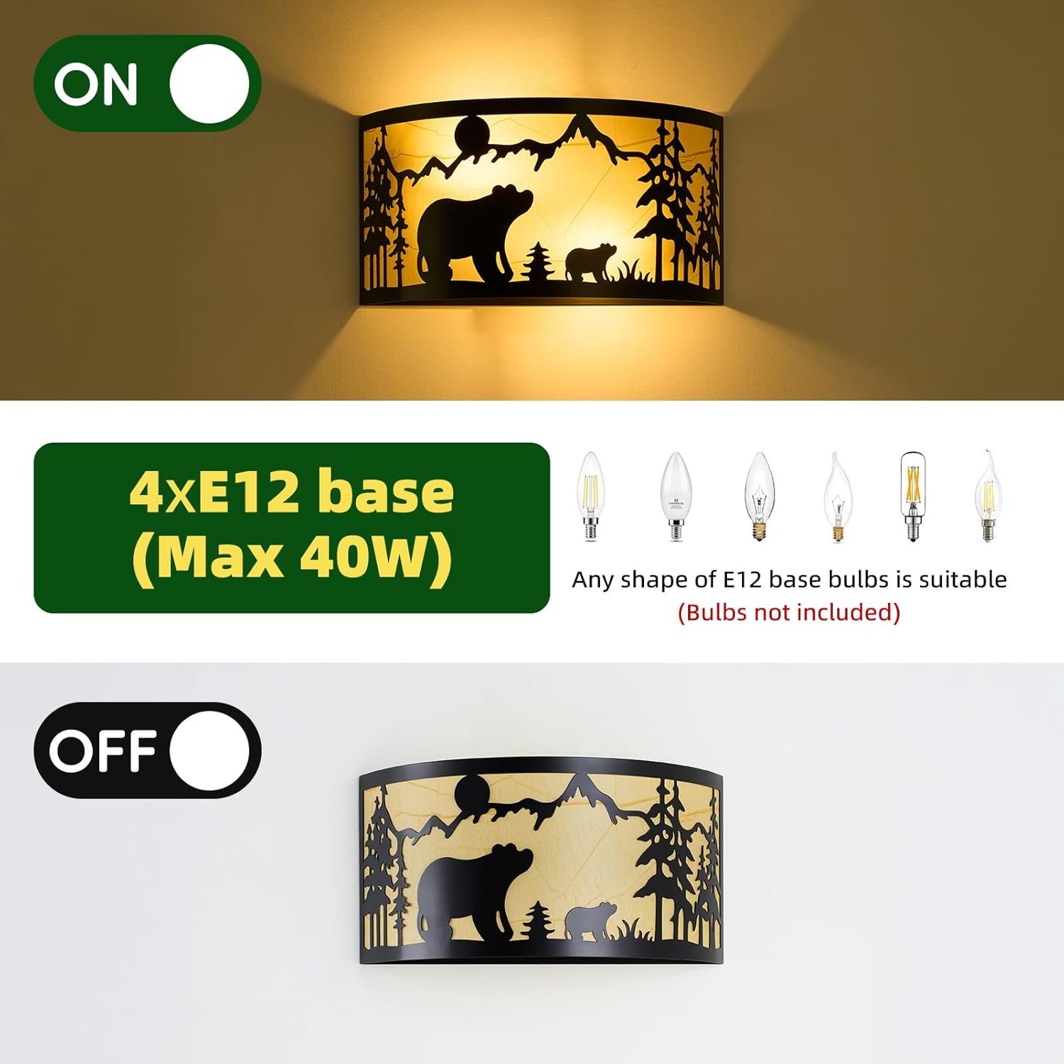 Rustic Bear Wall Sconces Farmhouse Industrial Wall Lamp, Indoor Wall Mount Lighting Matte Black Porch Light 2-Light Wall Lantern or Bedroom, Hallway, Stairway, Porch-W13*H7（in）