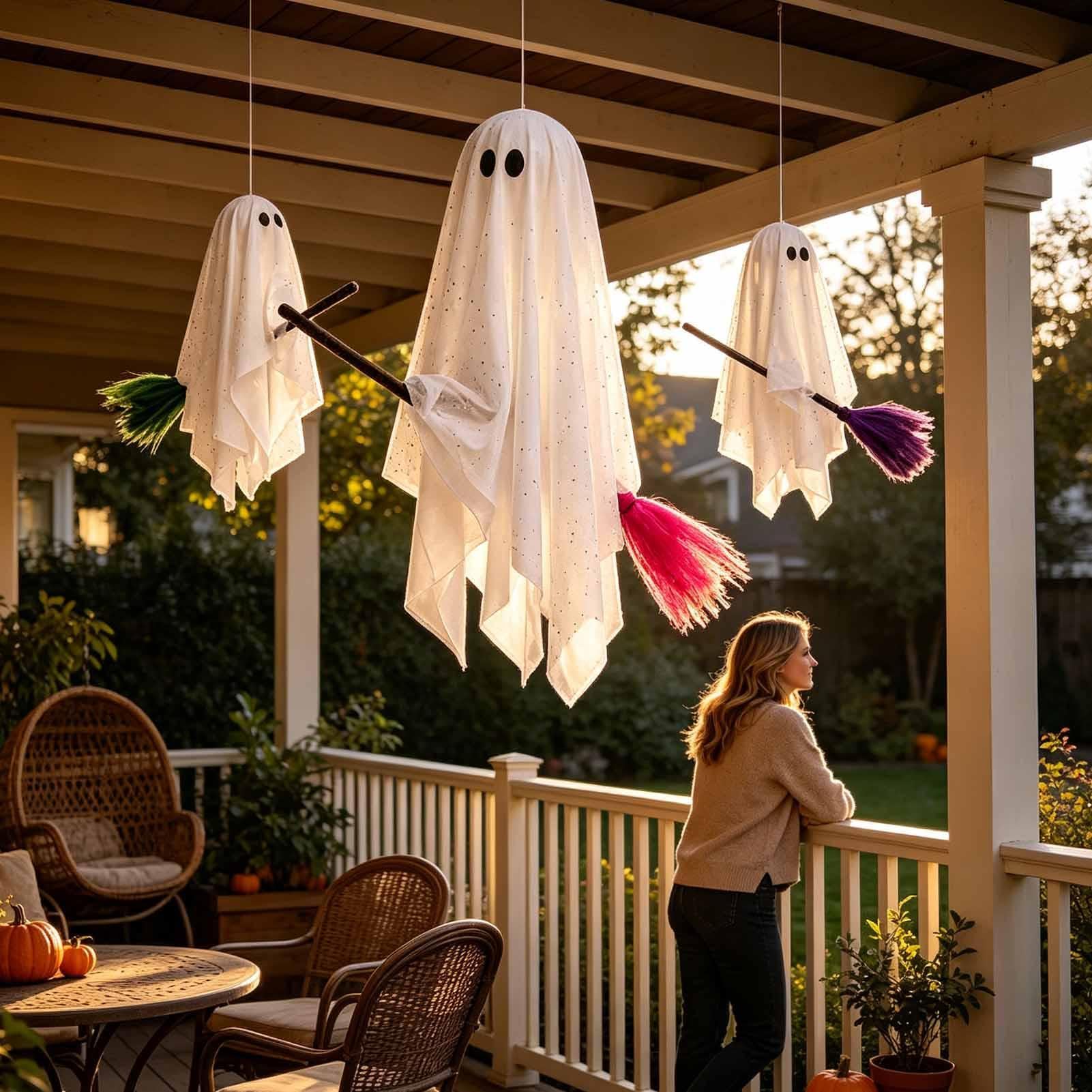 Halloween Schwingender Geist 3-teiliges beleuchtetes Spuk-Set mit Besen | Halloween Gartendekorationen für Garten, Rasen, , Vorderfenster, Zuhause, Büro, Party, Schule, Balkon und