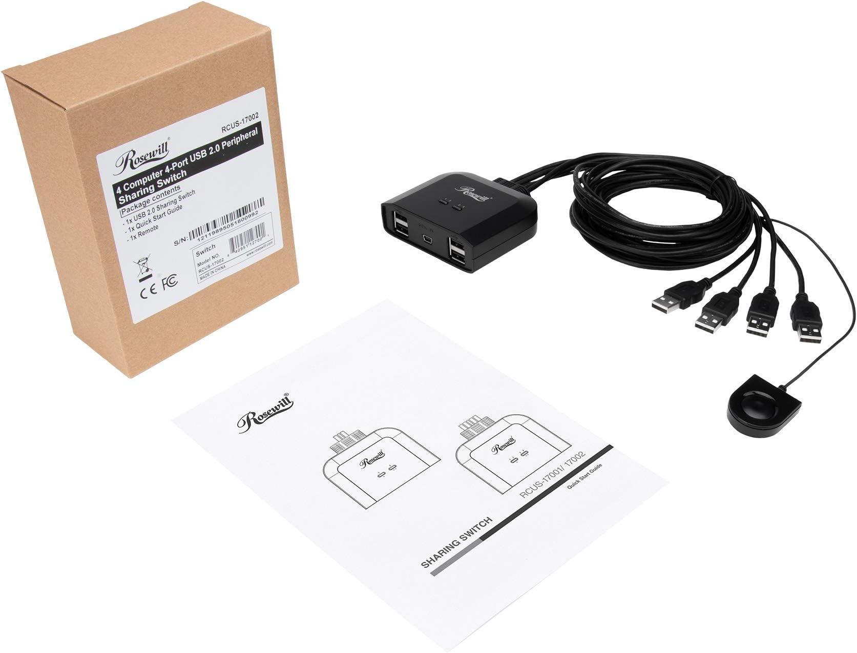 Rosewill USB 2.0 Sharing Switch Box, 4 Port USB 2.0 Peripheral Sharing Switch Hub Adapter for 4 PC Computers to Share USB Devices via PC Select Controller w/ 70-inch Cable - RCUS-17002
