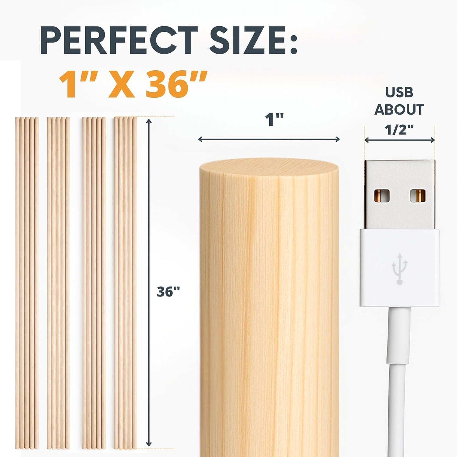 Lot de 5 bâtons épais en bois naturel de 2,5 x 91,4 cm – Bâtons épais en bois naturel pour travaux manuels, projets de bricolage, utilisation alimentaire, bâtons ronds lisses en bois pour travaux