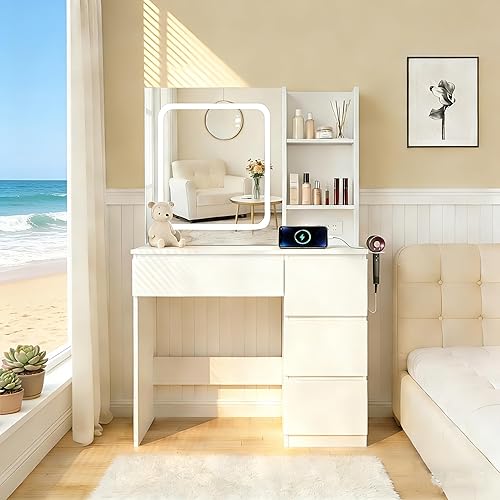 Vabches Escritorio de maquillaje con estación de carga, juego de tocador con espejo, taburete y luces, tocador con 4 cajones y estantes de