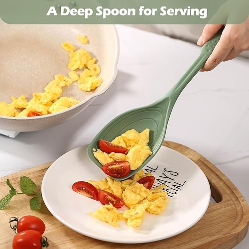 Miniatura 4 de Cuchara de cocina de silicona con marcas de medición, borde plano y fragmentado para cocinar, servir, raspar y remover, alta resistencia al calor y