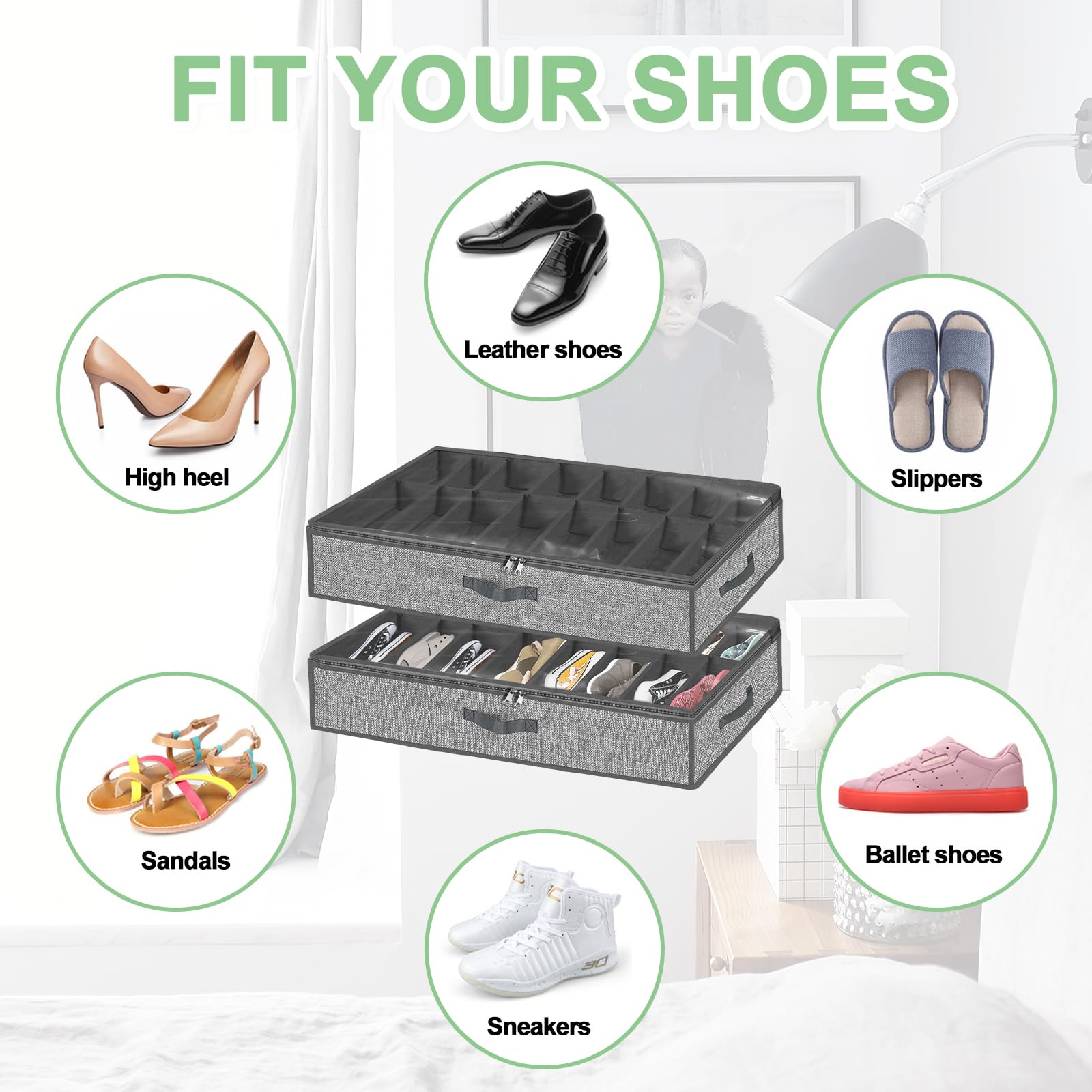 Scatola portaoggetti per 32 paia di scarpe, organizer per riporre sotto il letto, organizer Zapatos, extra large, grigio chiaro, set di 2