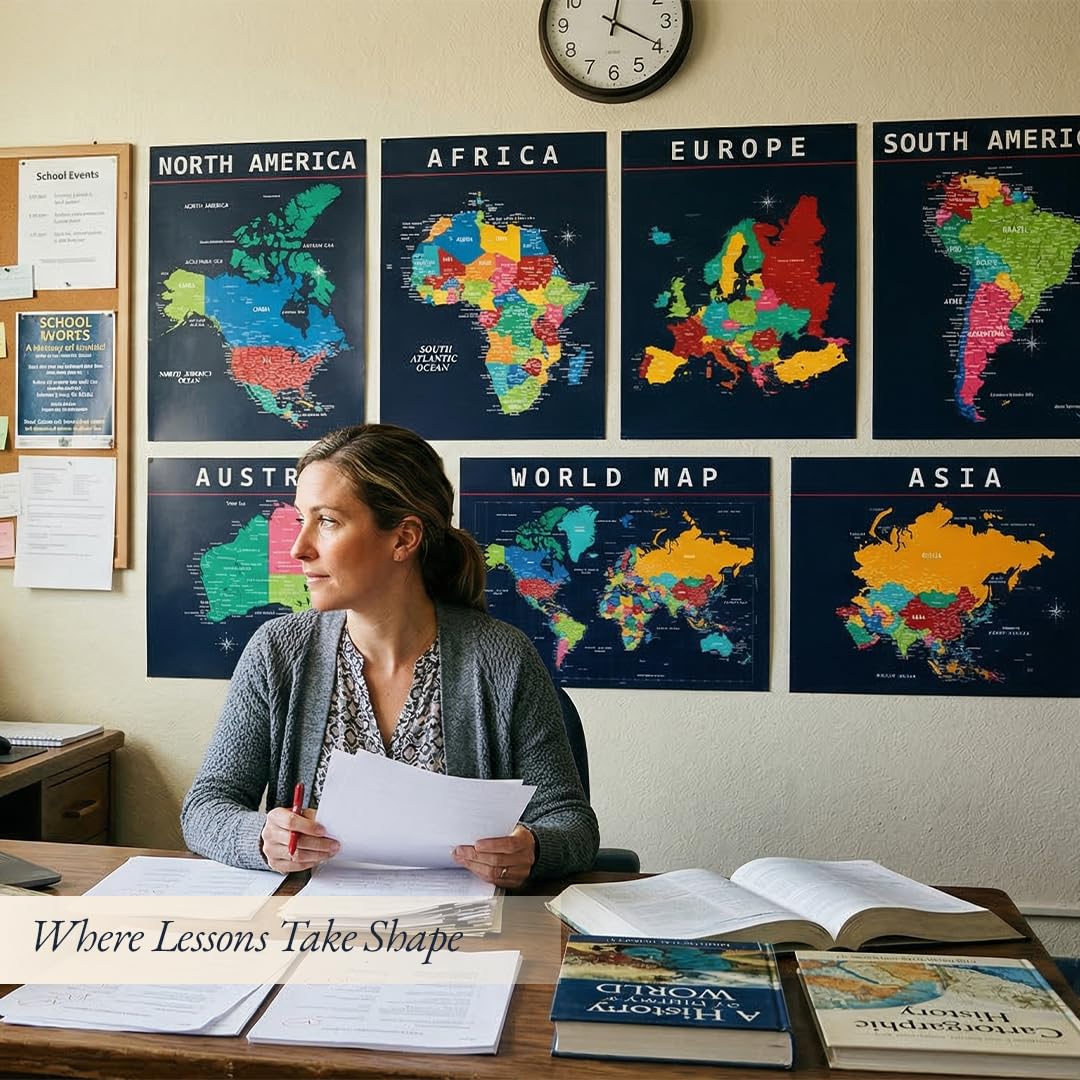 Lot de posters avec carte du monde et carte des États-Unis – Décoration murale éducative pour salle de classe – Continents bleus – Affiches d'aide à l'apprentissage visuel pour enfants et écoles –