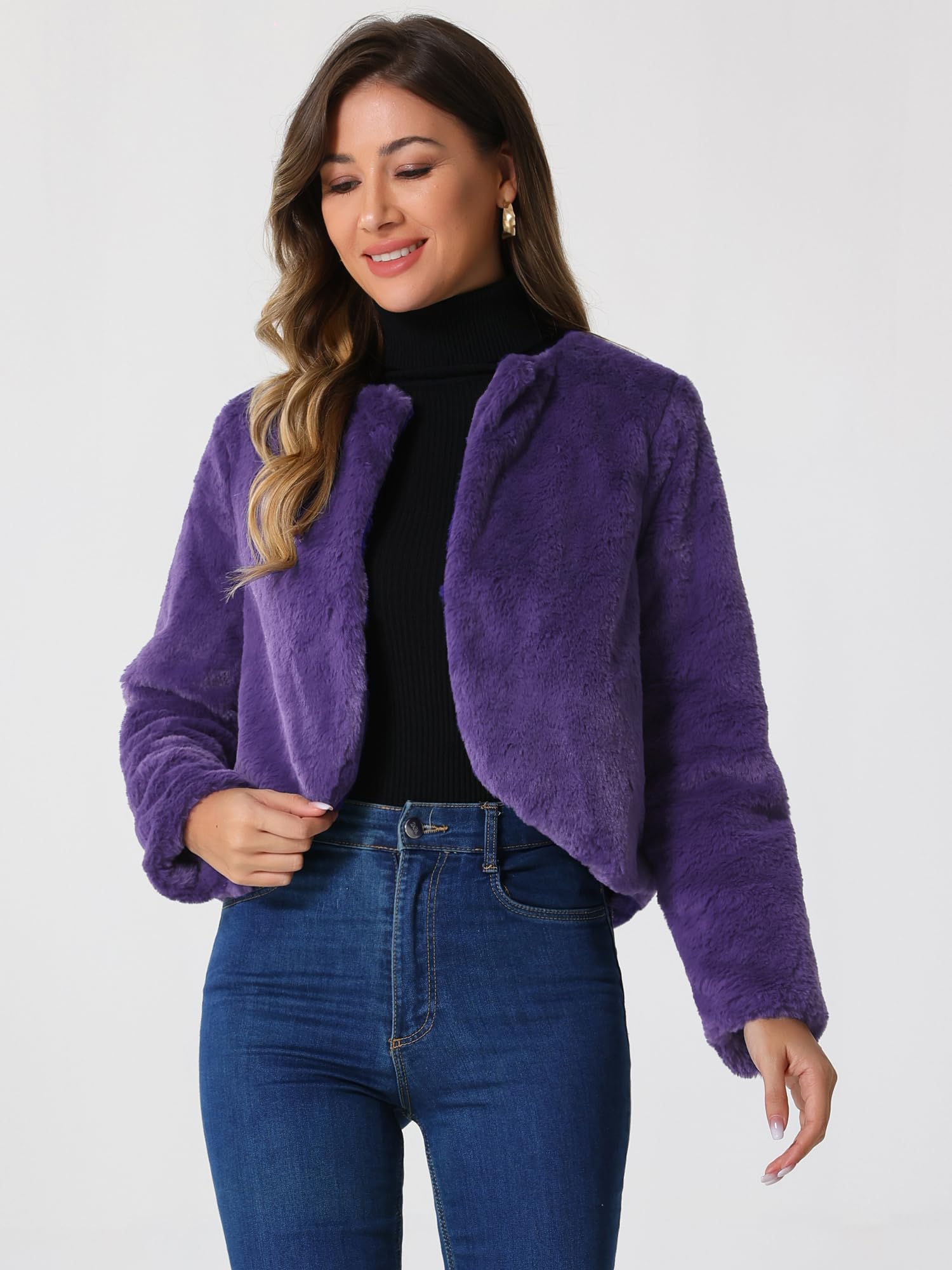 Allegra K Boléro de mariage pour femme - Veste en fausse fourrure ouverte sur le devant, violet, Taille L